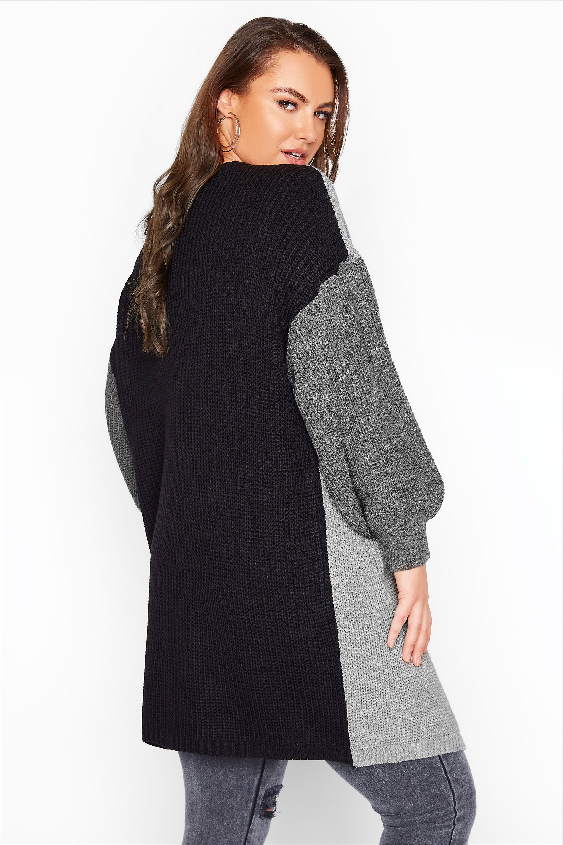 Grey Colour Block Oversized Knitted Cardigan | Yours Clothing