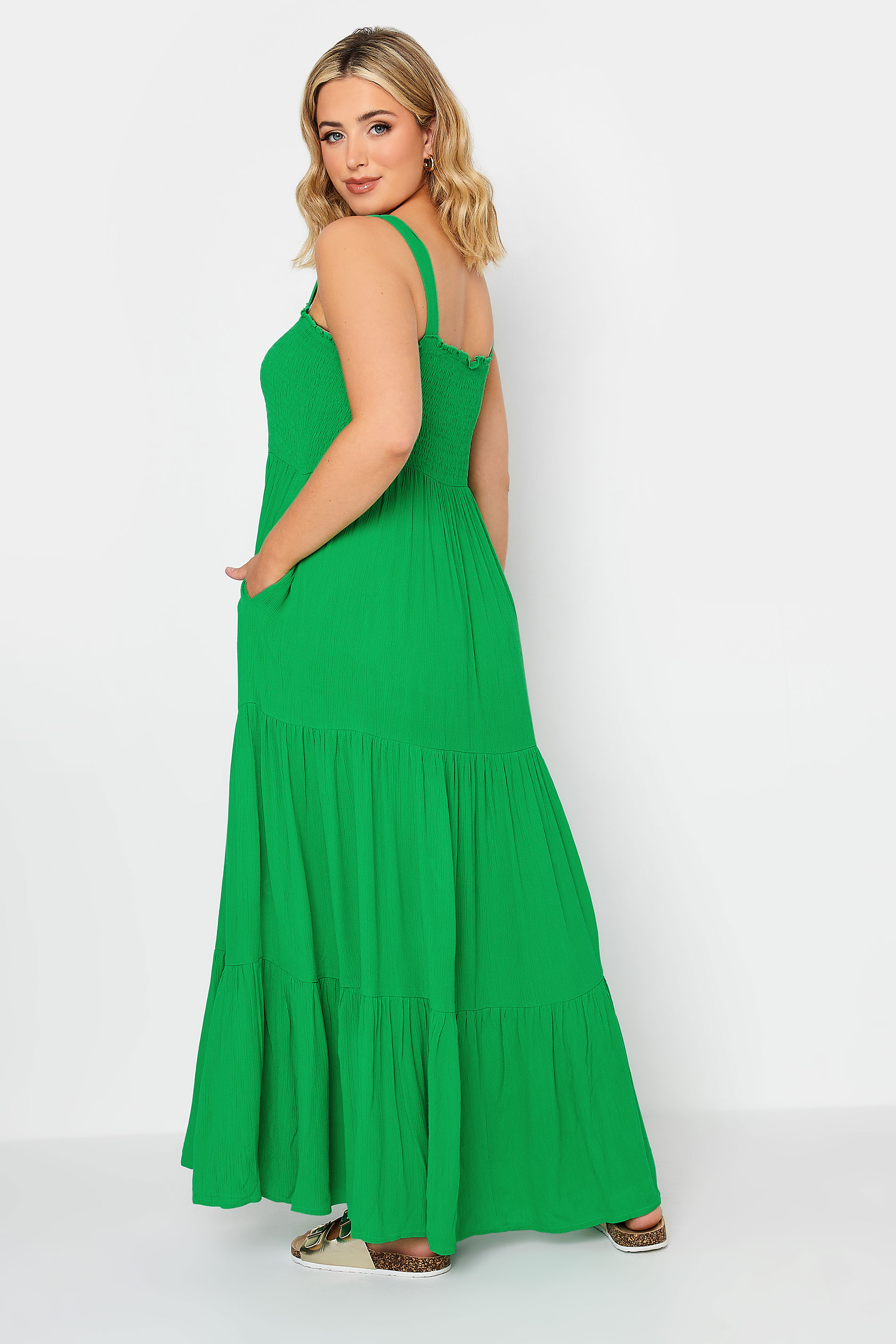 YOURS Plus Size Green Shirred Strappy Sundress | Yours Clothing