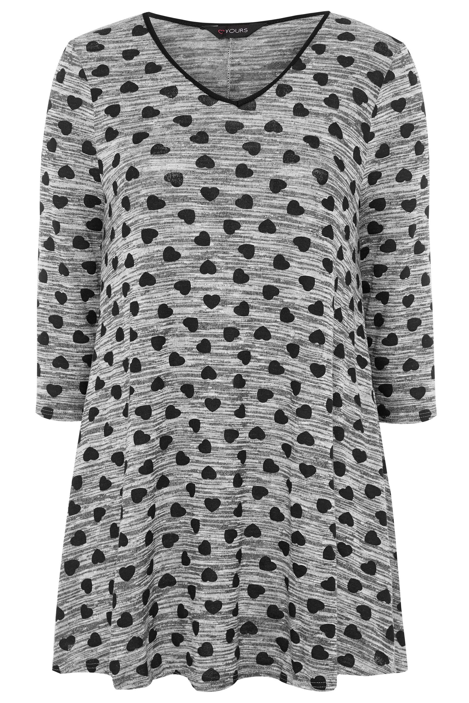 Grey Marl Heart Print Swing Top | Yours Clothing