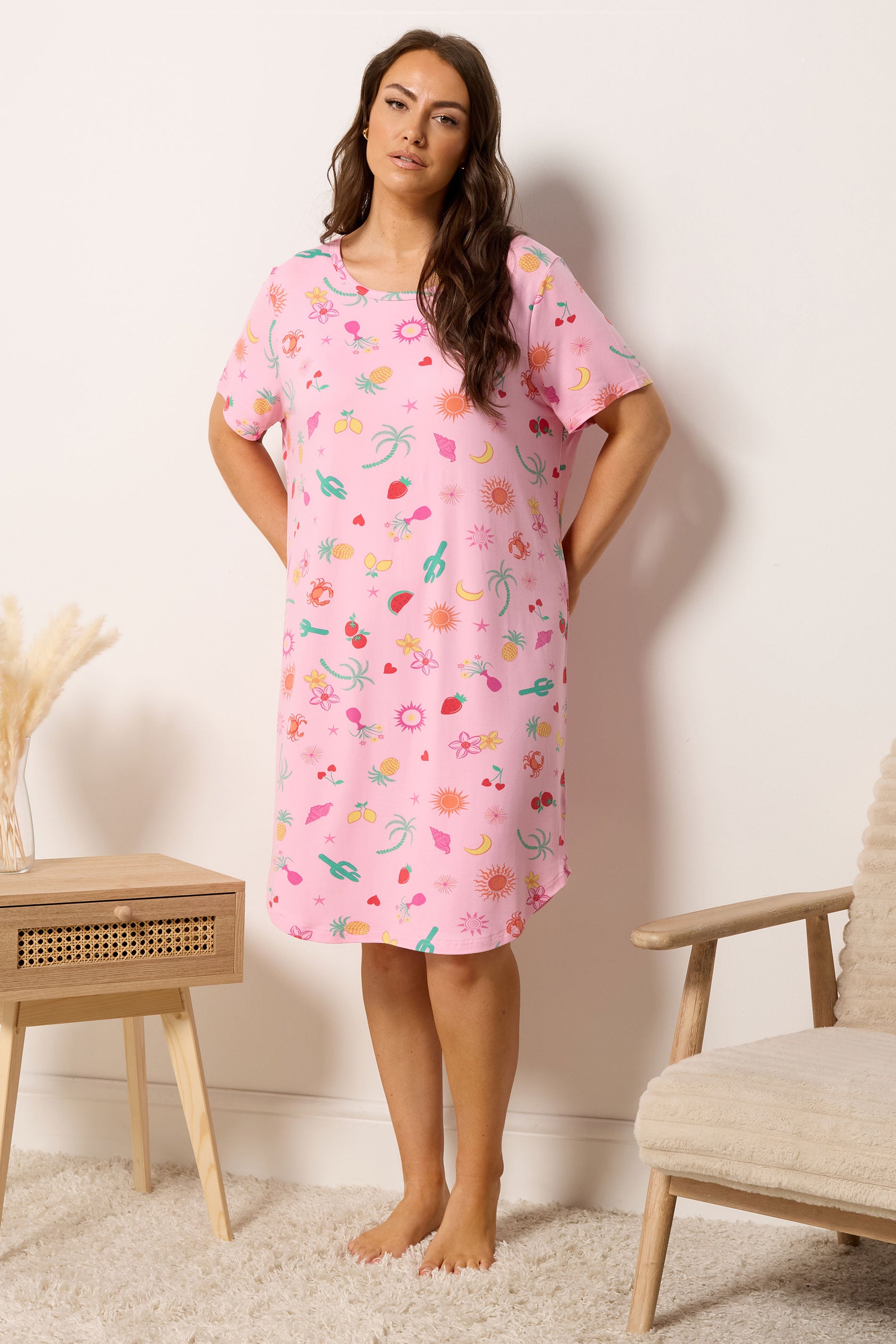 YOURS Plus Size Pink Summer Print Soft Touch Nightdress | Yours Clothing 3