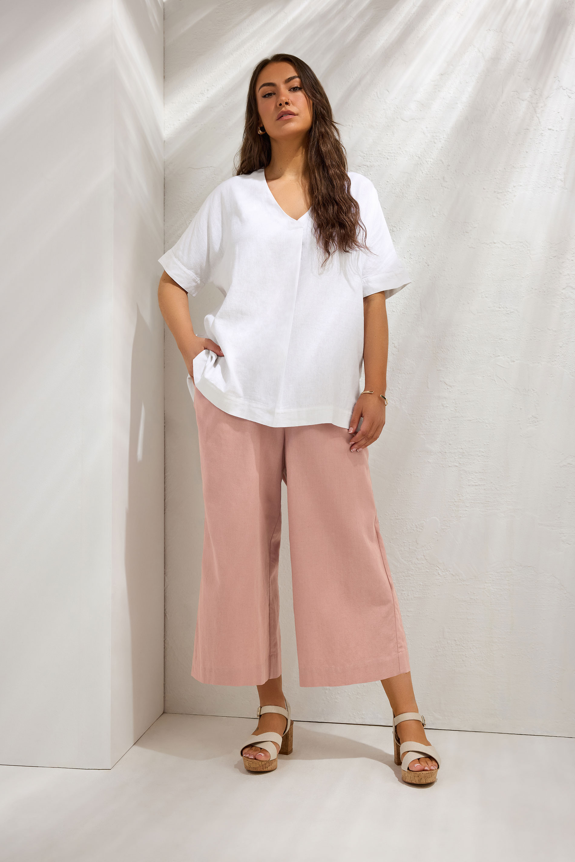 EVANS Plus Size Pink Linen Cropped Trousers | Evans 1