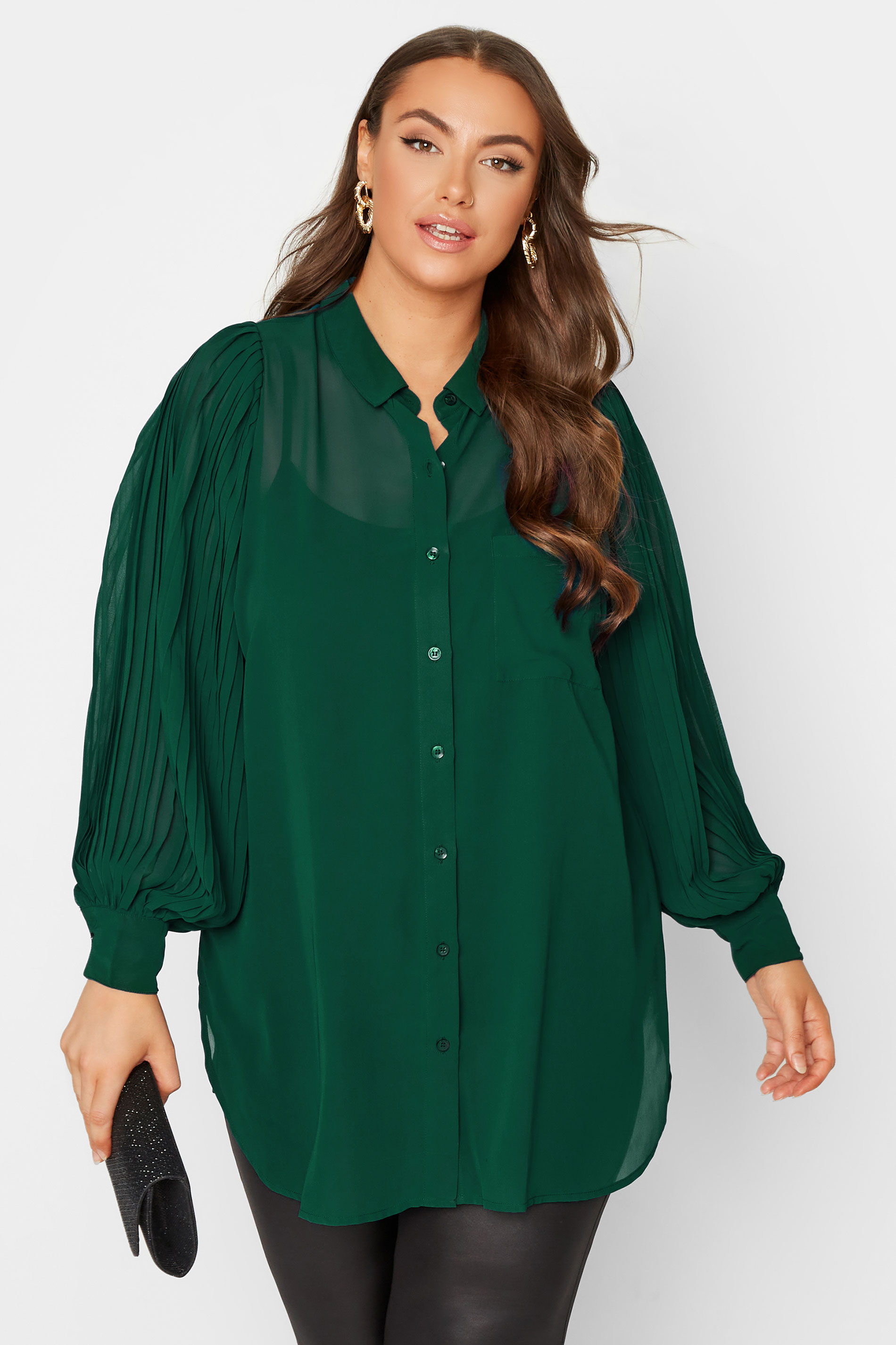 Plus Size YOURS LONDON Green Pleat Sleeve Shirt | Yours Clothing 1