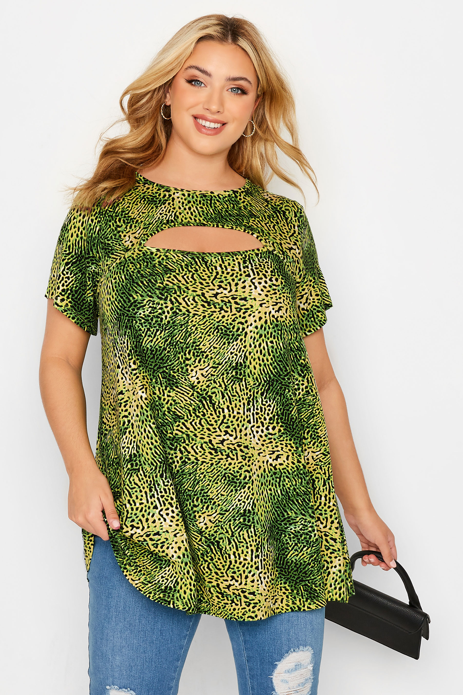Plus Size Green Animal Print Cut Out Top | Yours Clothing  1