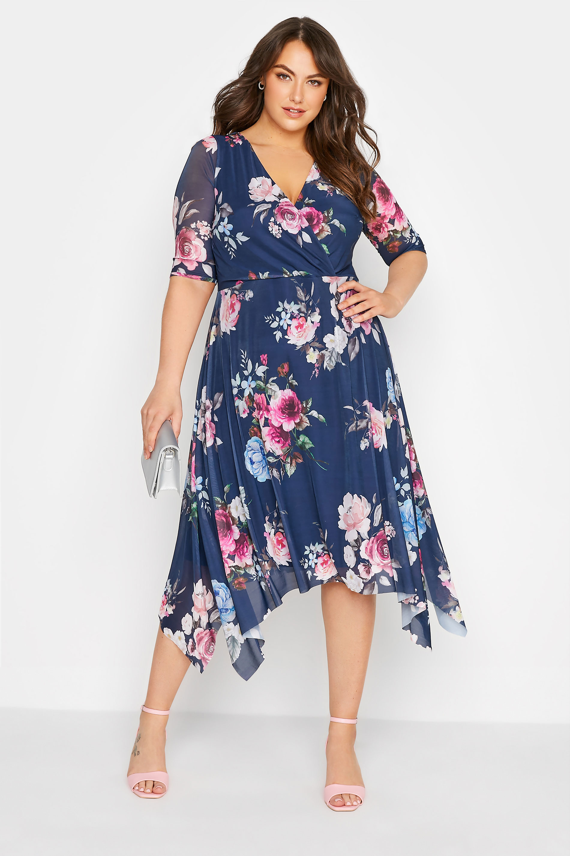 YOURS LONDON Plus Size Navy Blue Floral Print Wrap Dress | Yours Clothing  1