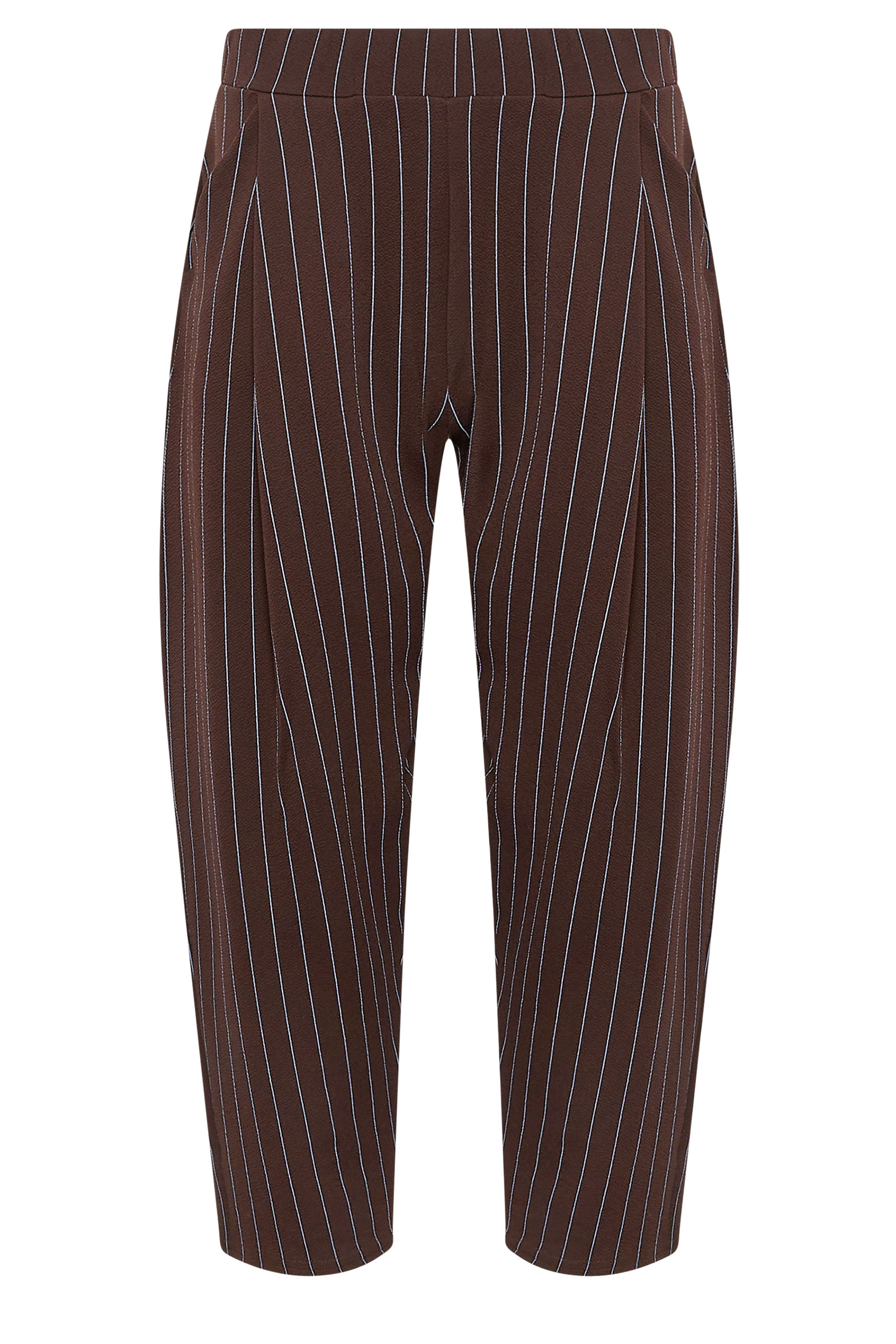 PixieGirl Petite Women's Chocolate Brown Pinstripe Barrel Leg Trousers | PixieGirl 5