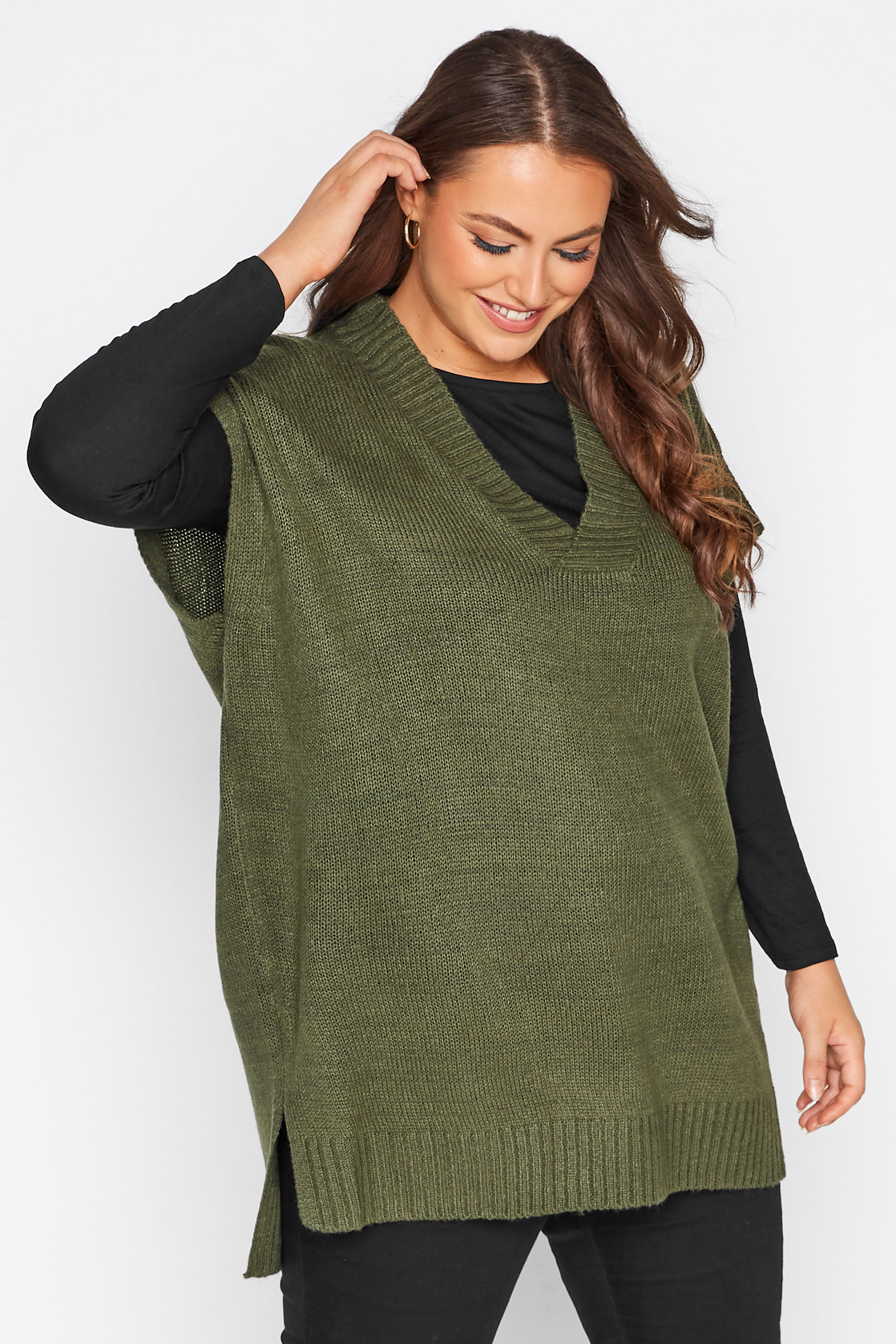 Plus Size Curve Khaki Green Knitted V-Neck Vest | Yours Clothing 1