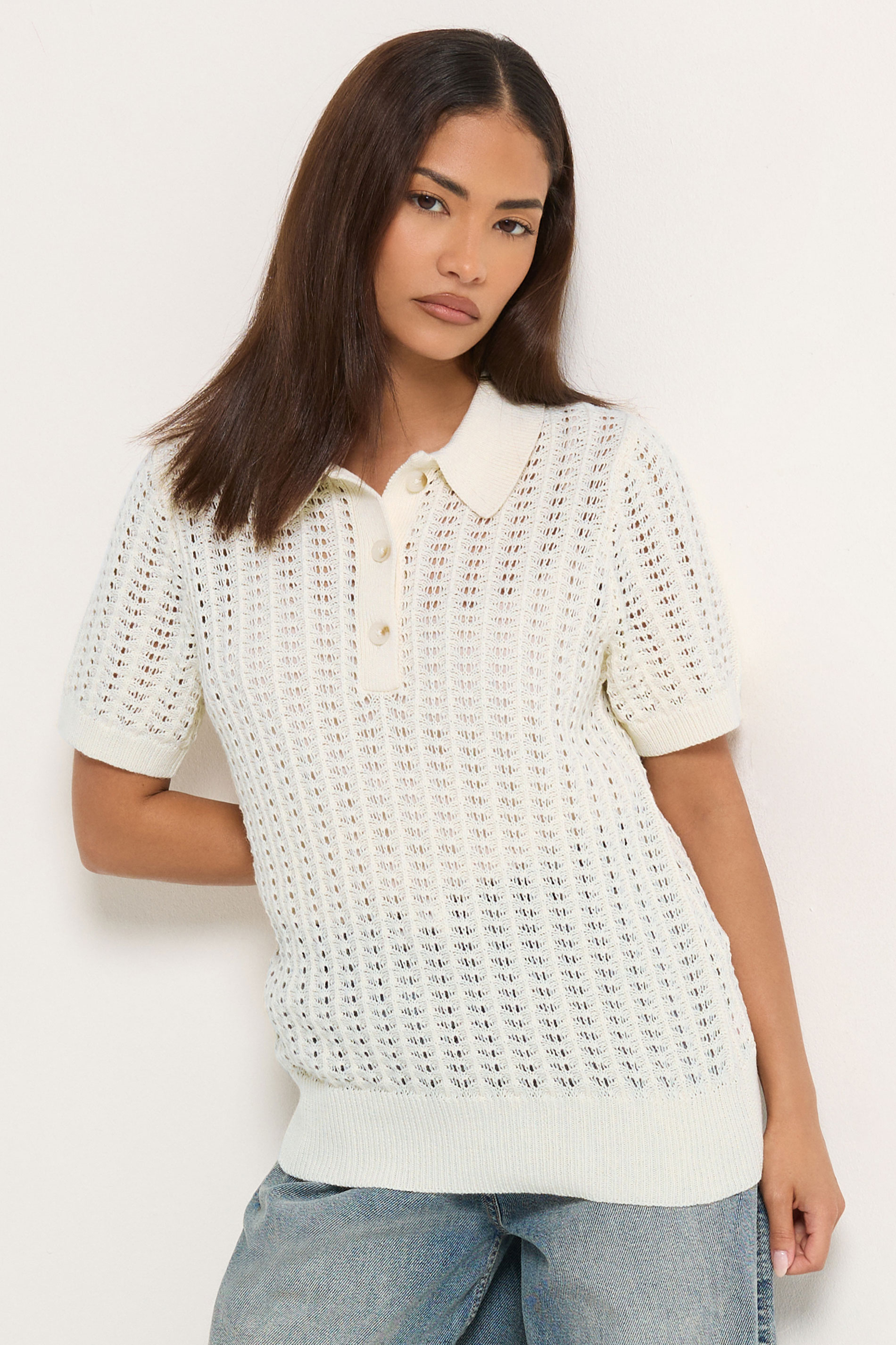 PixieGirl Petite Women's Ivory White Crochet Polo Top | PixieGirl 3