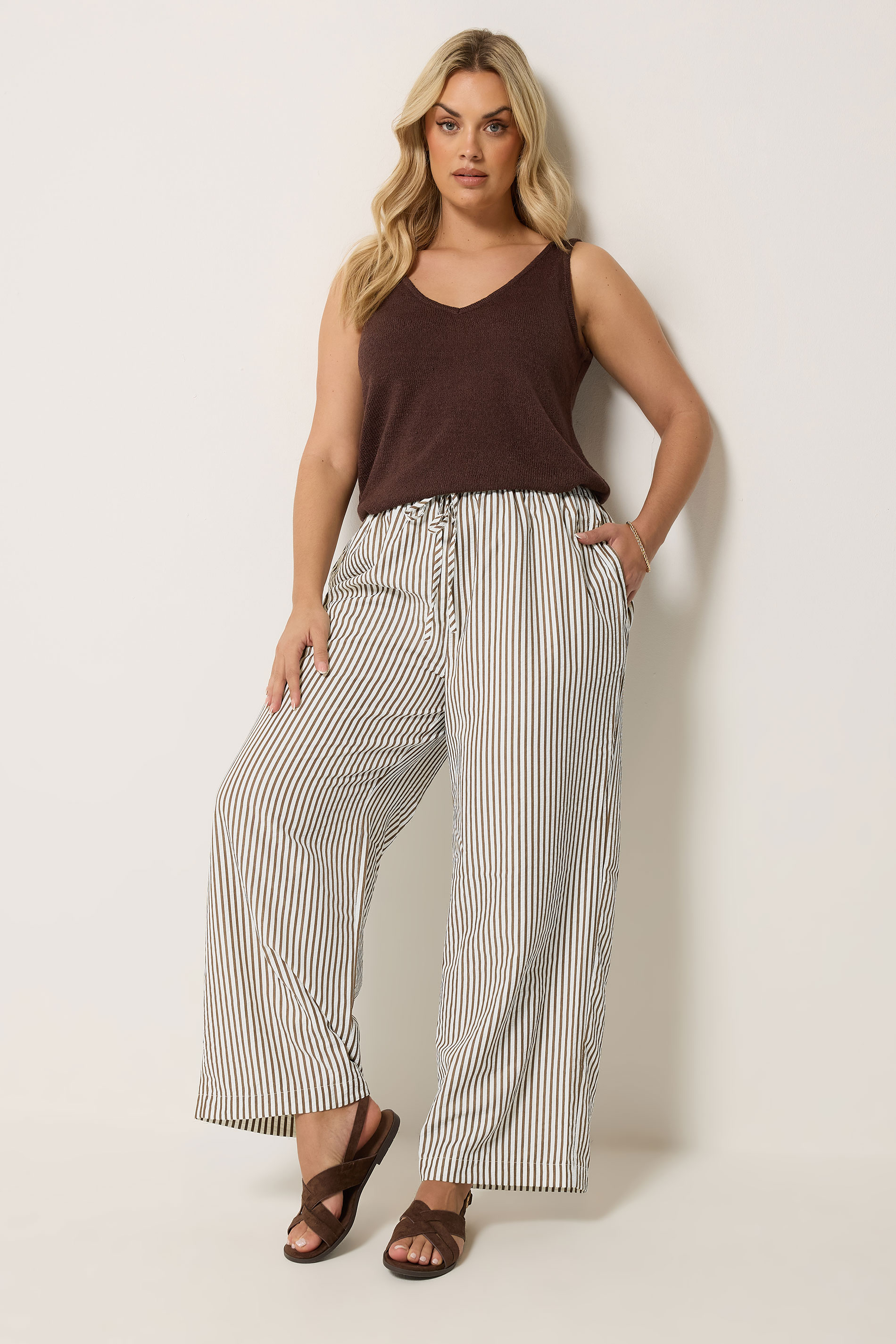 YOURS Plus Size Chocolate Brown Stripe Trousers | Yours Clothing 2