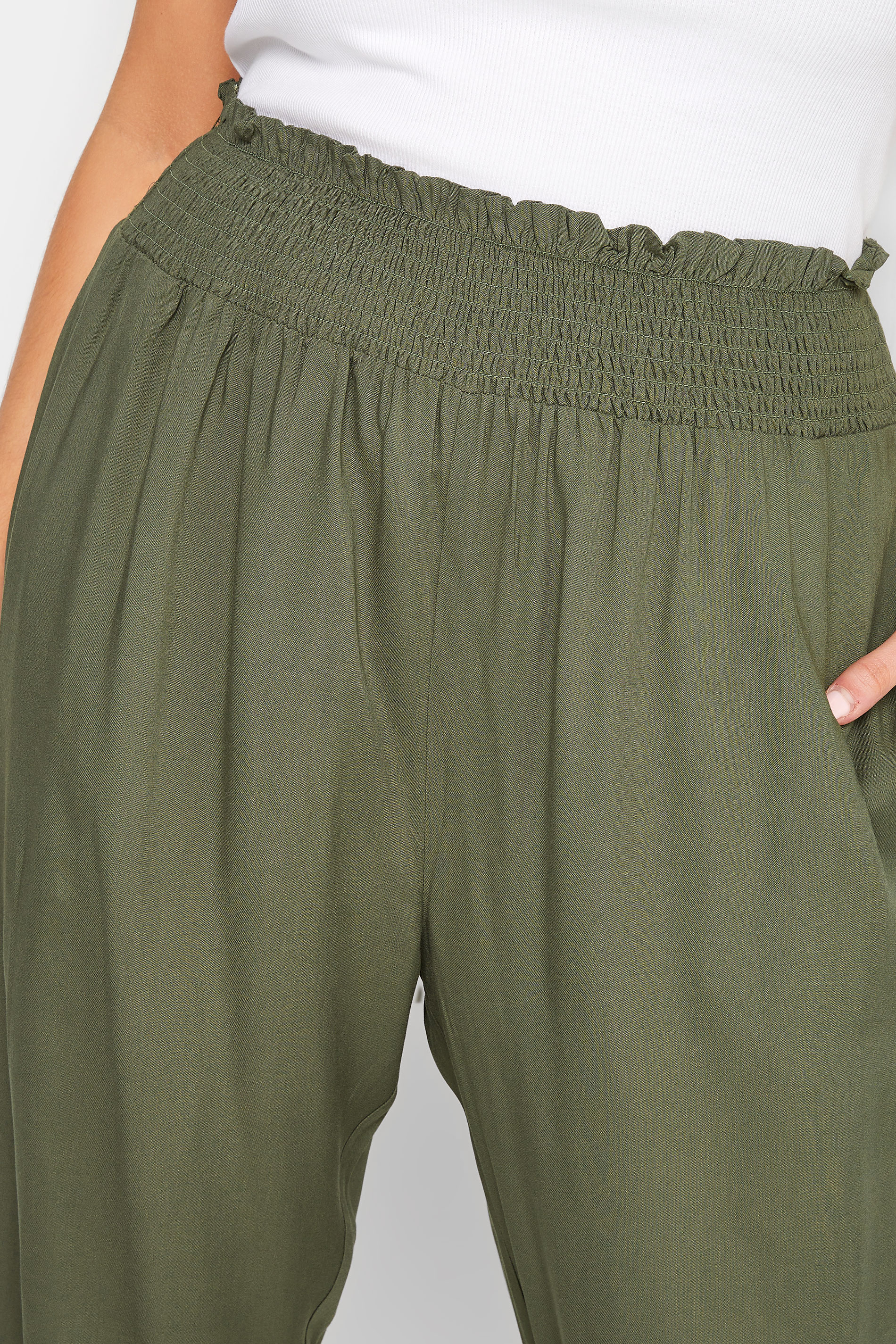 YOURS Curve Khaki Green Shirred Waist Cropped Harem Trousers | Yours Clothing 3
