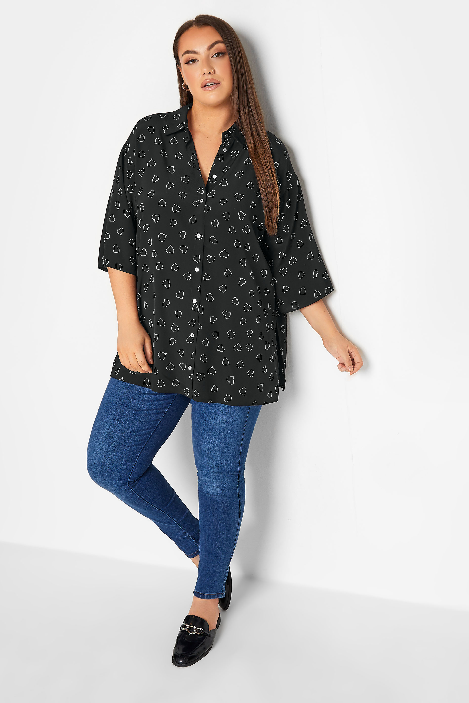 YOURS Plus Size Black Heart Print Shirt | Yours Clothing 2