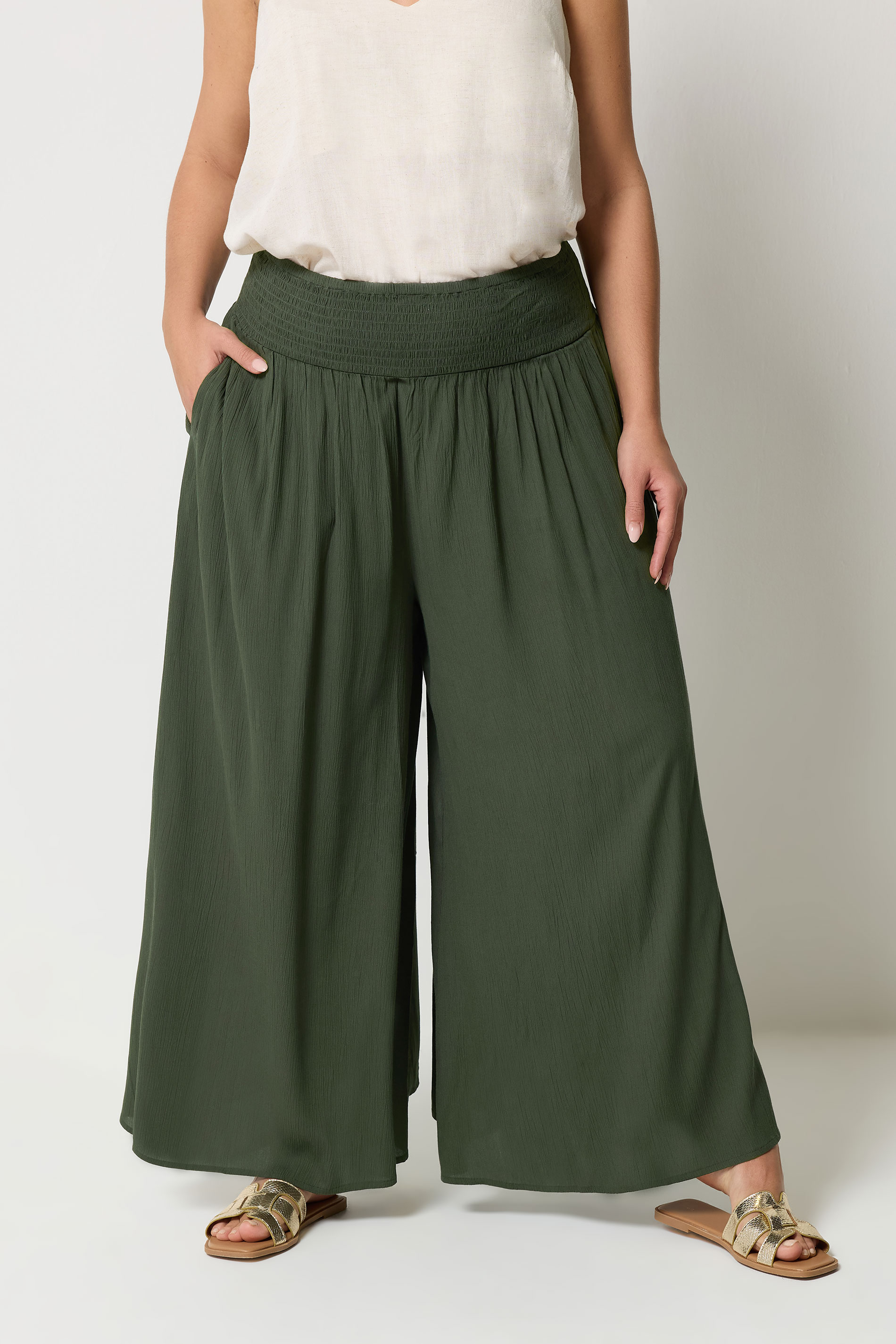 YOURS Plus Size Olive Green Shirred Trousers | Yours Clothing 3