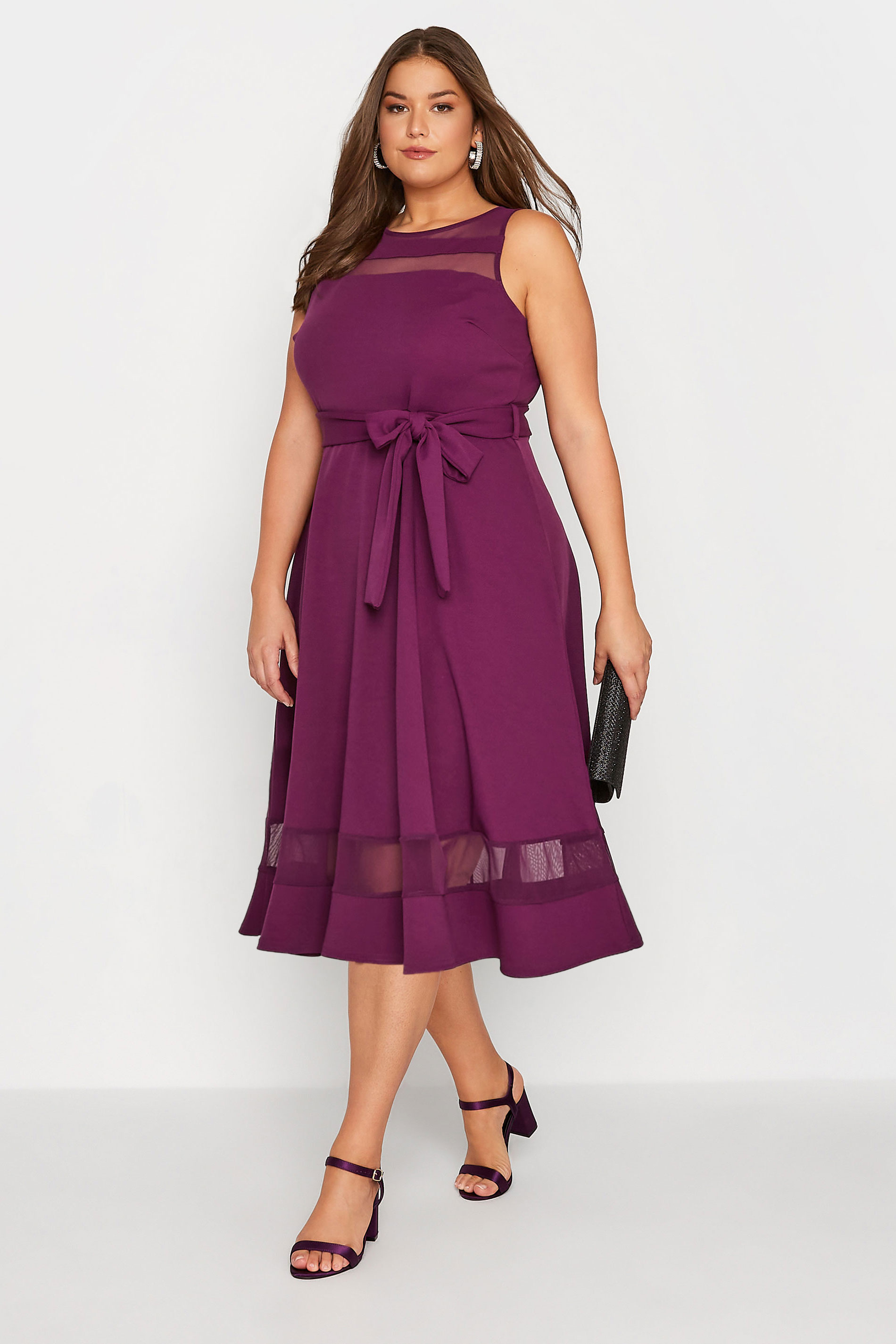 YOURS LONDON Plus Size Purple Mesh Panel Skater Dress | Yours Clothing 1