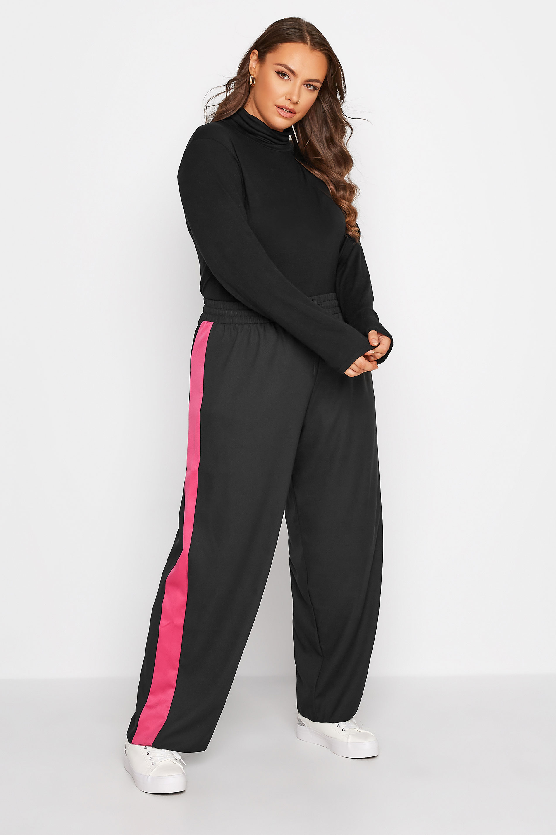 Plus Size Black & Pink Contrast Stripe Wide Leg Trousers | Yours Clothing 2