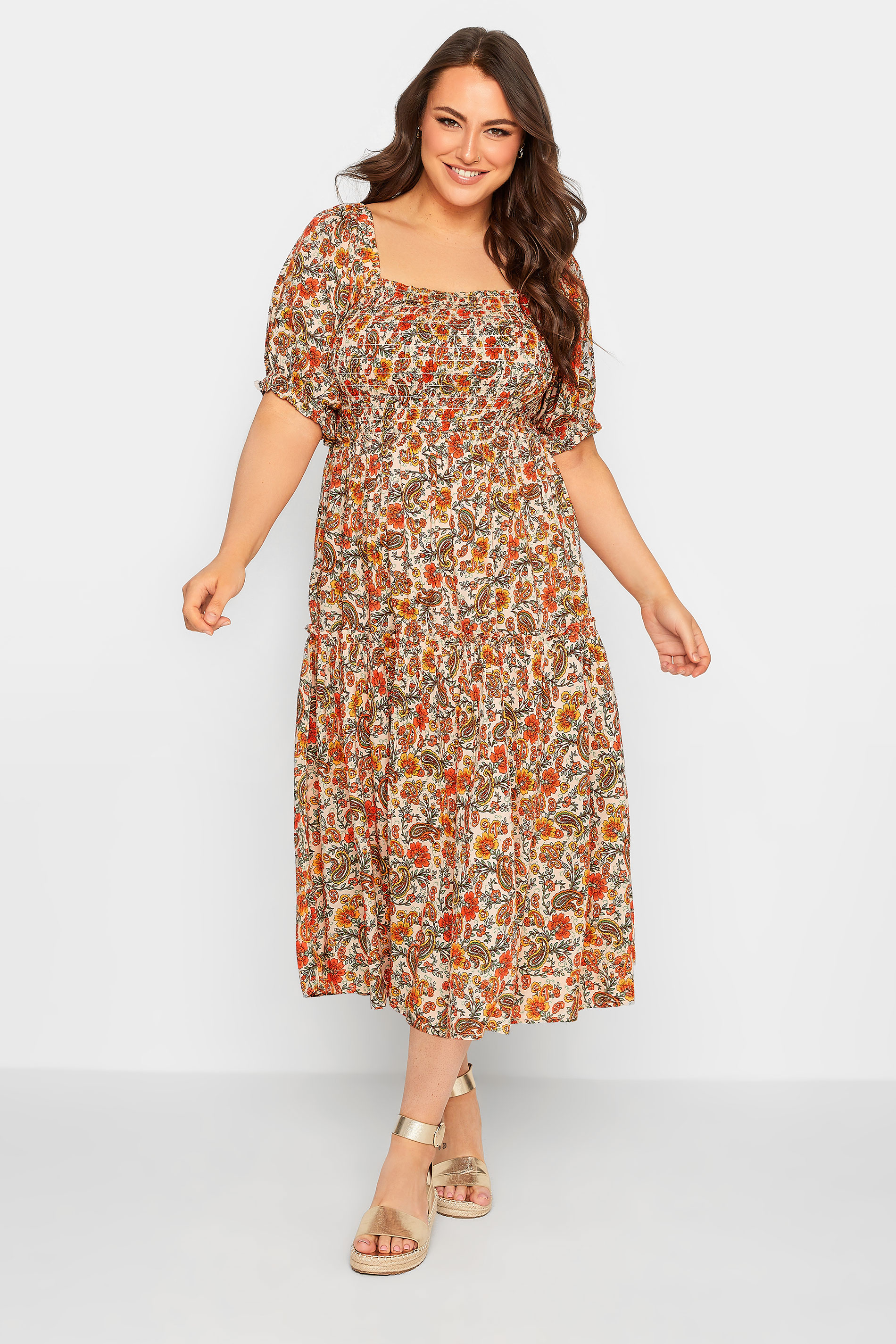 YOURS PETITE Plus Size Orange Paisley Shirred Midaxi Dress | Yours Clothing 1