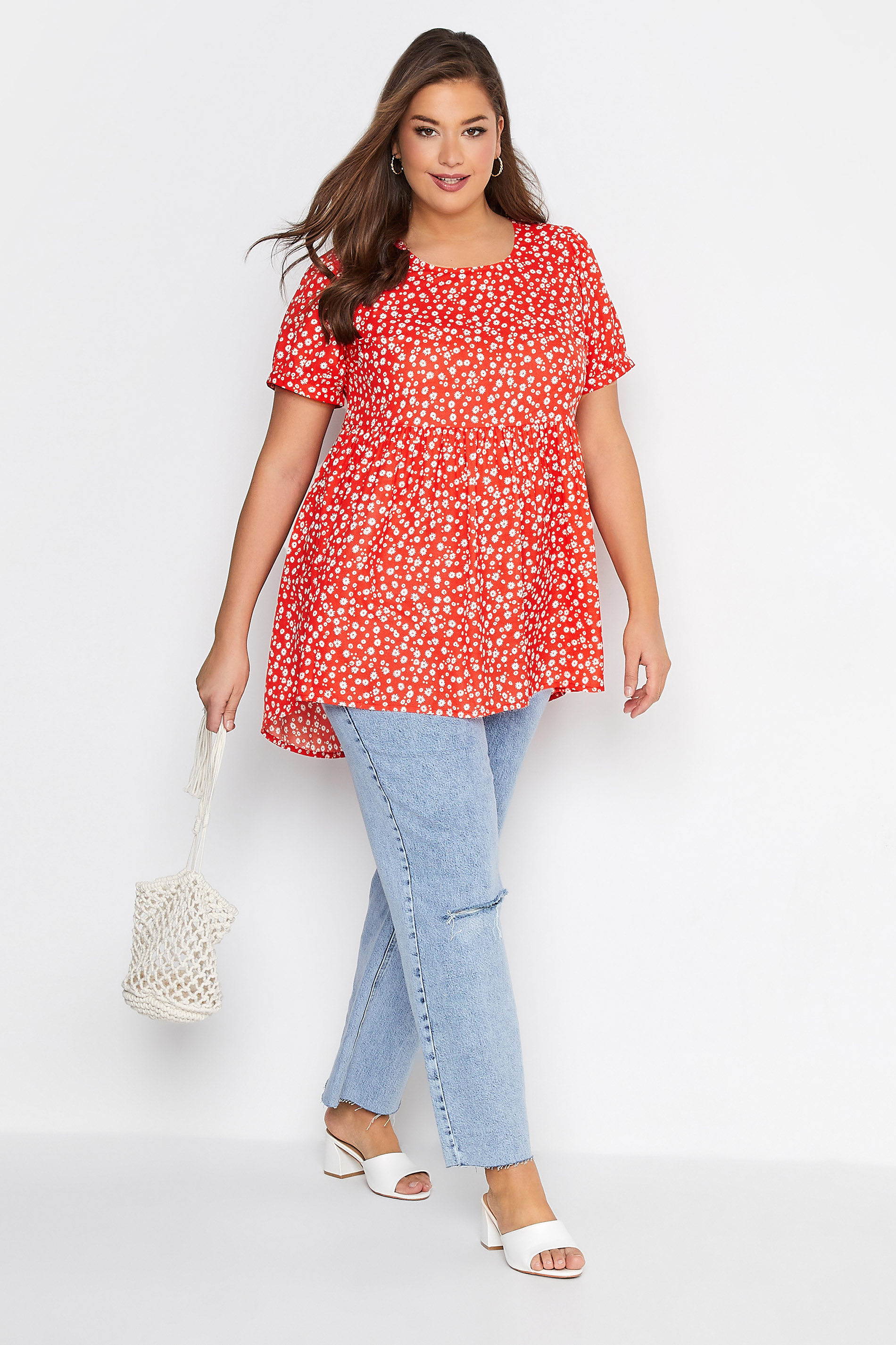 Plus Size Red Daisy Print Dipped Hem Peplum Top | Yours Clothing 2
