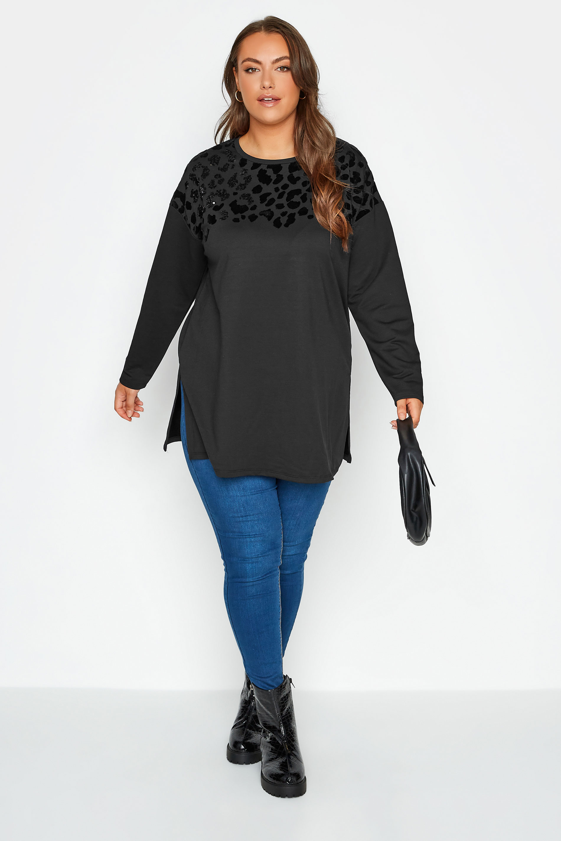 Plus Size Black Sequin Velvet Leopard Print Jumper | Yours Clothing 2