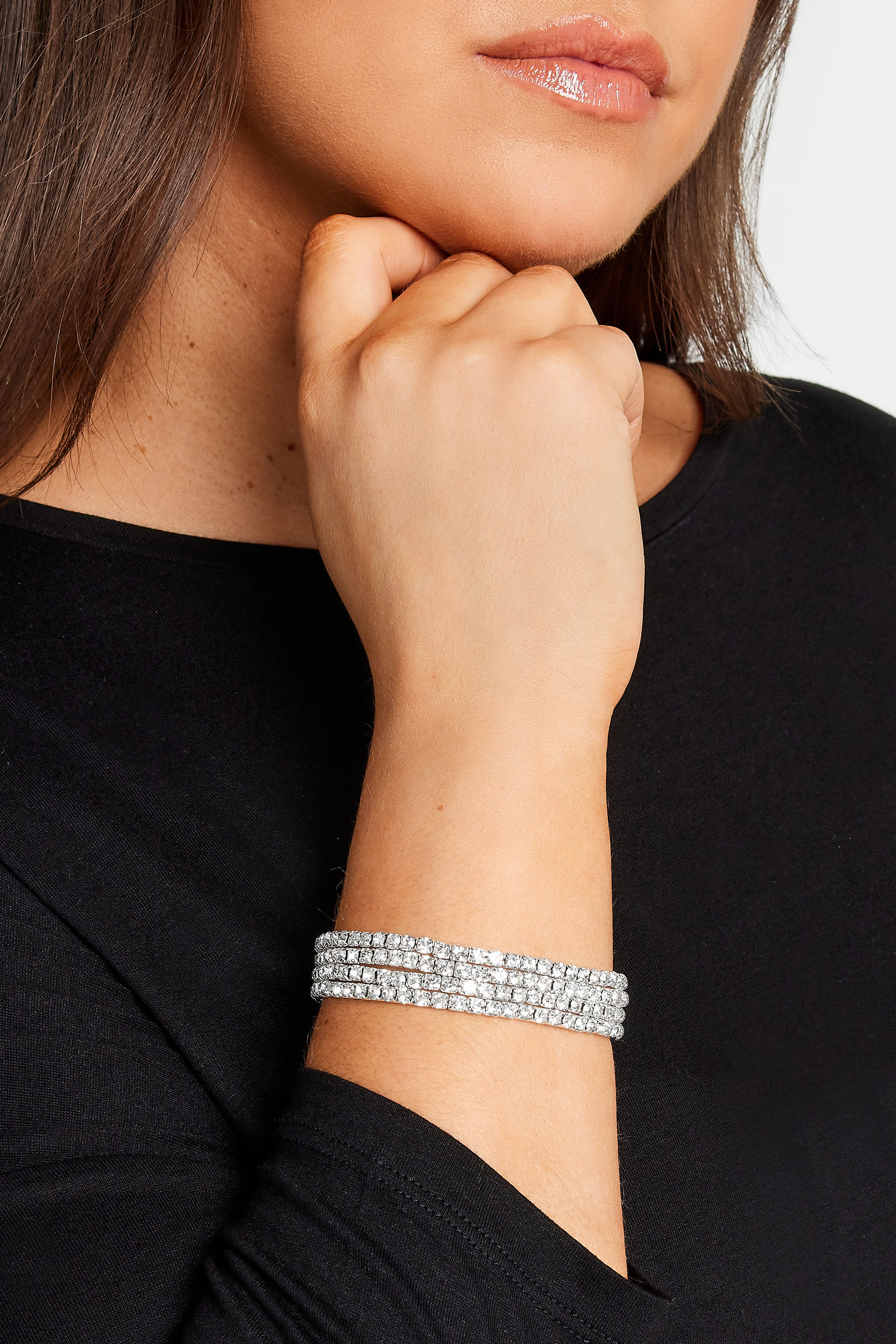 4 PACK Silver Diamante Stretch Bracelet Set | Yours Clothing 1