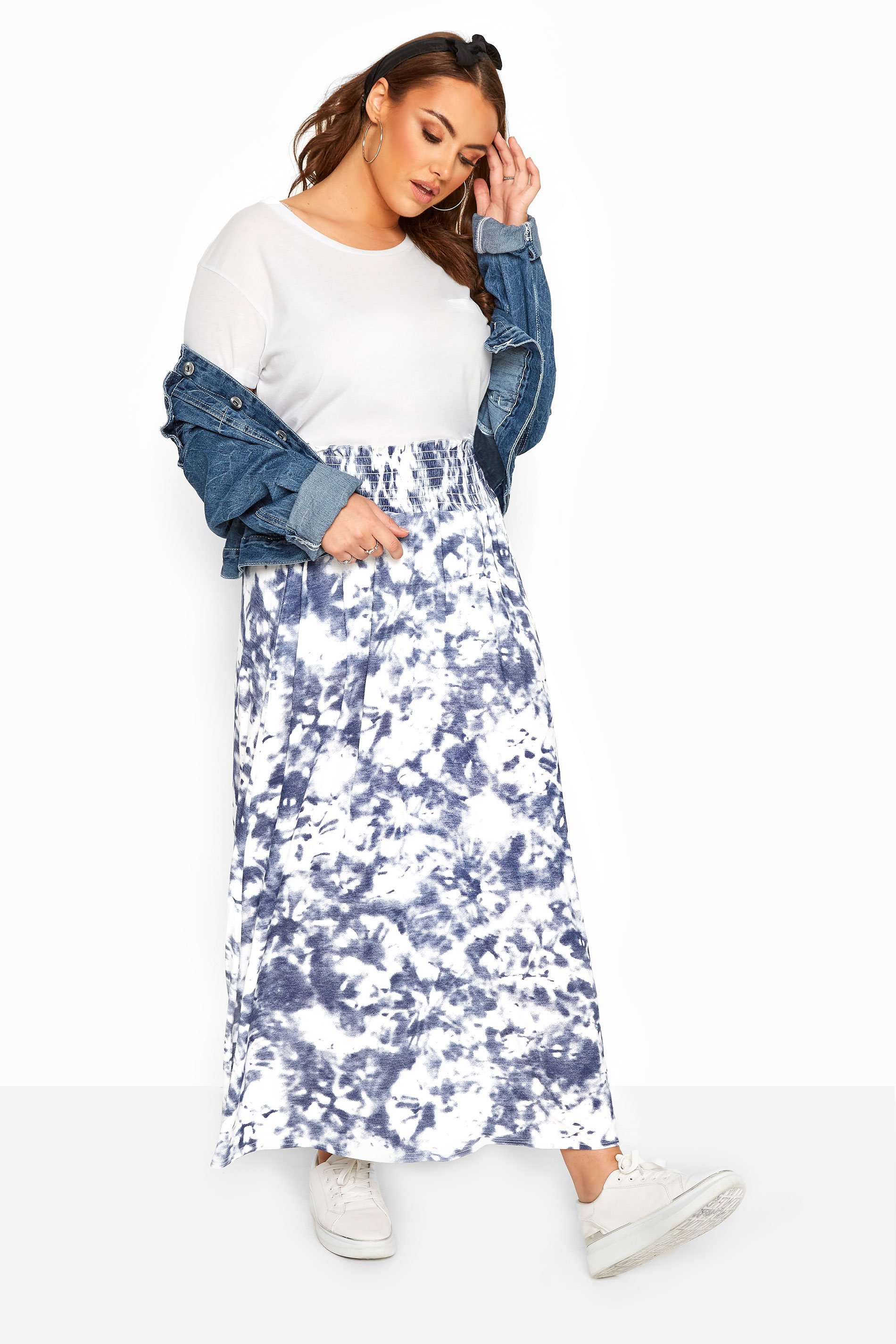 Blue Tie Dye Shirred Waist Maxi Skirt | Yours Clothing
