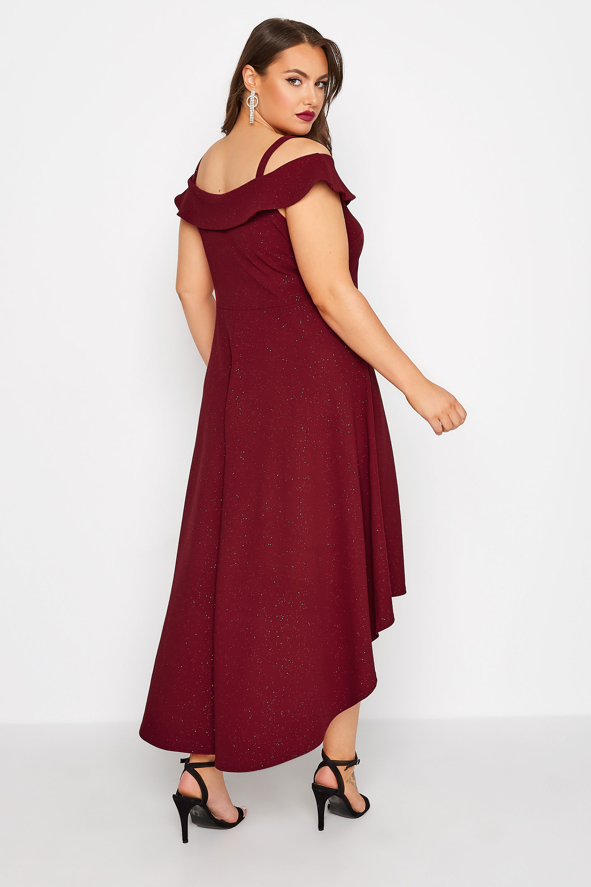 YOURS LONDON Plus Size Curve Red Glitter Bardot High Low Bridesmaid Dress | Yours Clothing 3