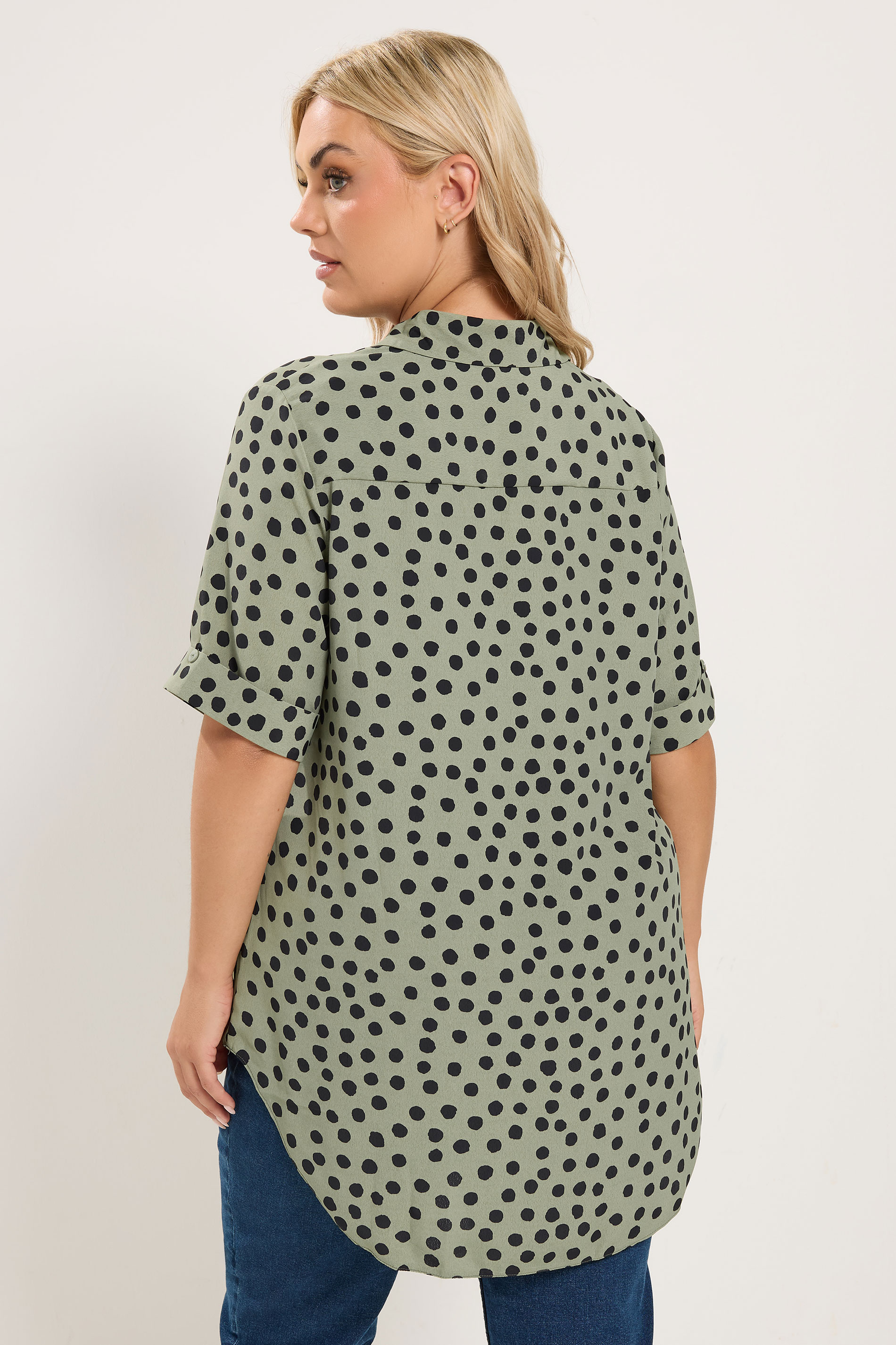 YOURS Plus Size Khaki Green Polka Dot Half Placket Shirt | Yours Clothing 2