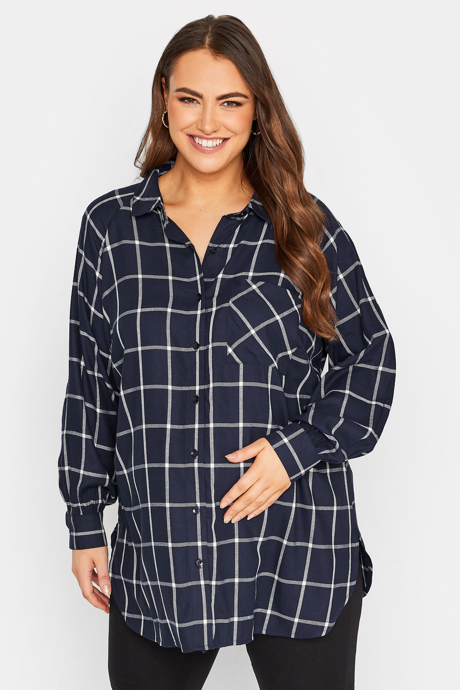 BUMP IT UP MATERNITY Plus Size Navy Blue Check Long Sleeve Shirt | Yours Clothing 1