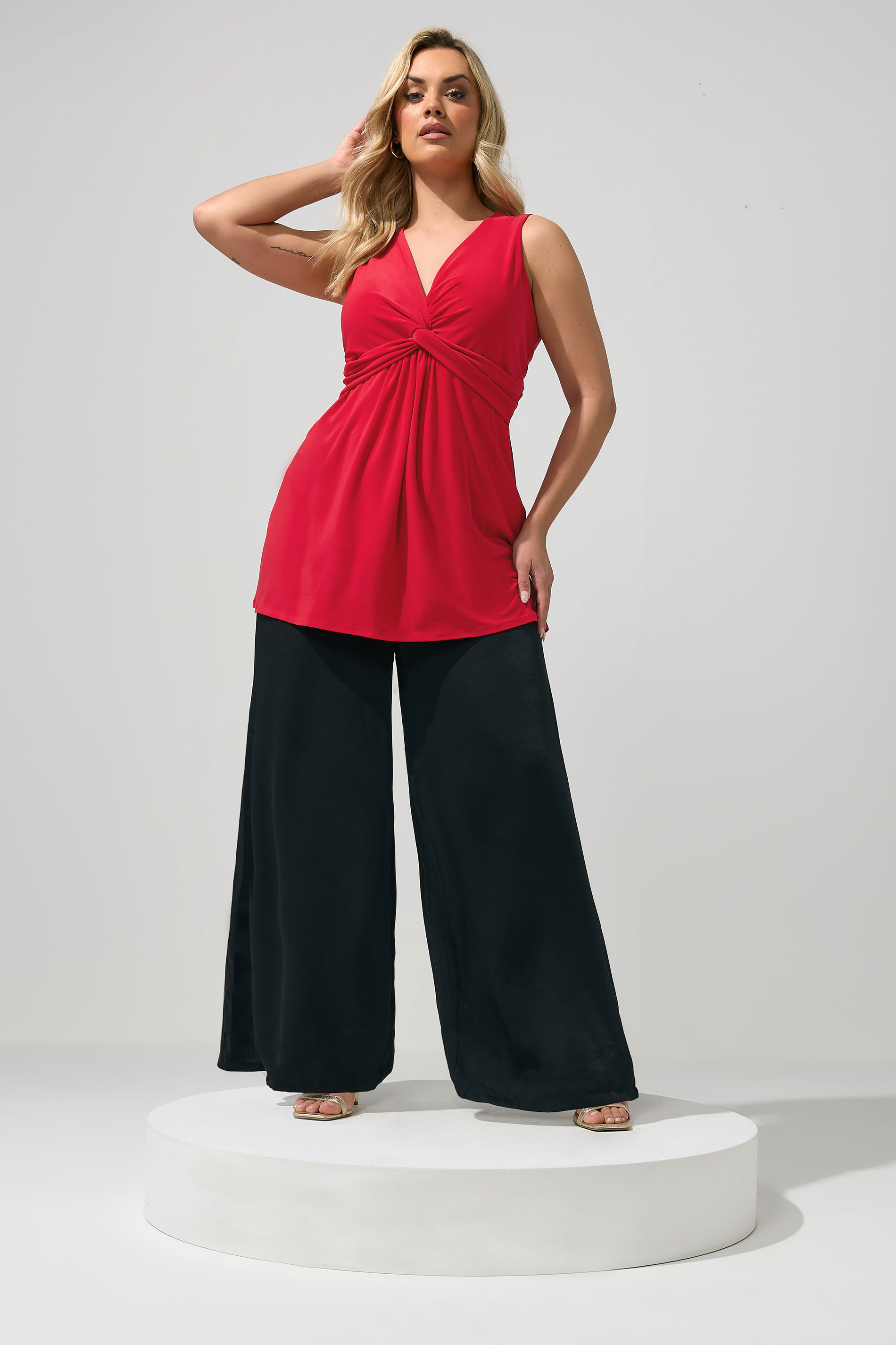 YOURS LONDON Plus Size Red Sleeveless Knot Front Top | Yours Clothing 1
