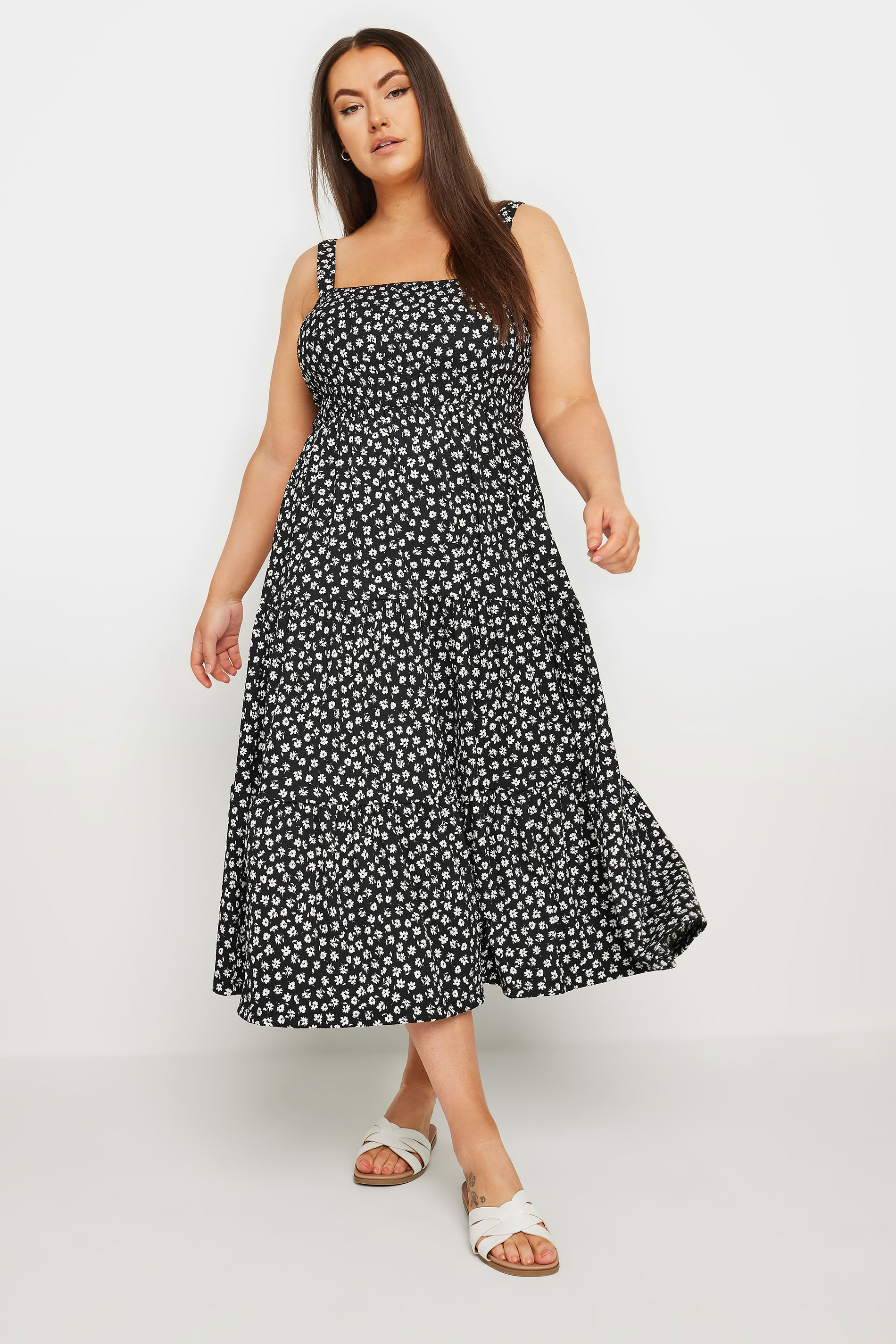 YOURS Plus Size Black Floral Print Textured Midaxi Dress | Yours Clothing 1