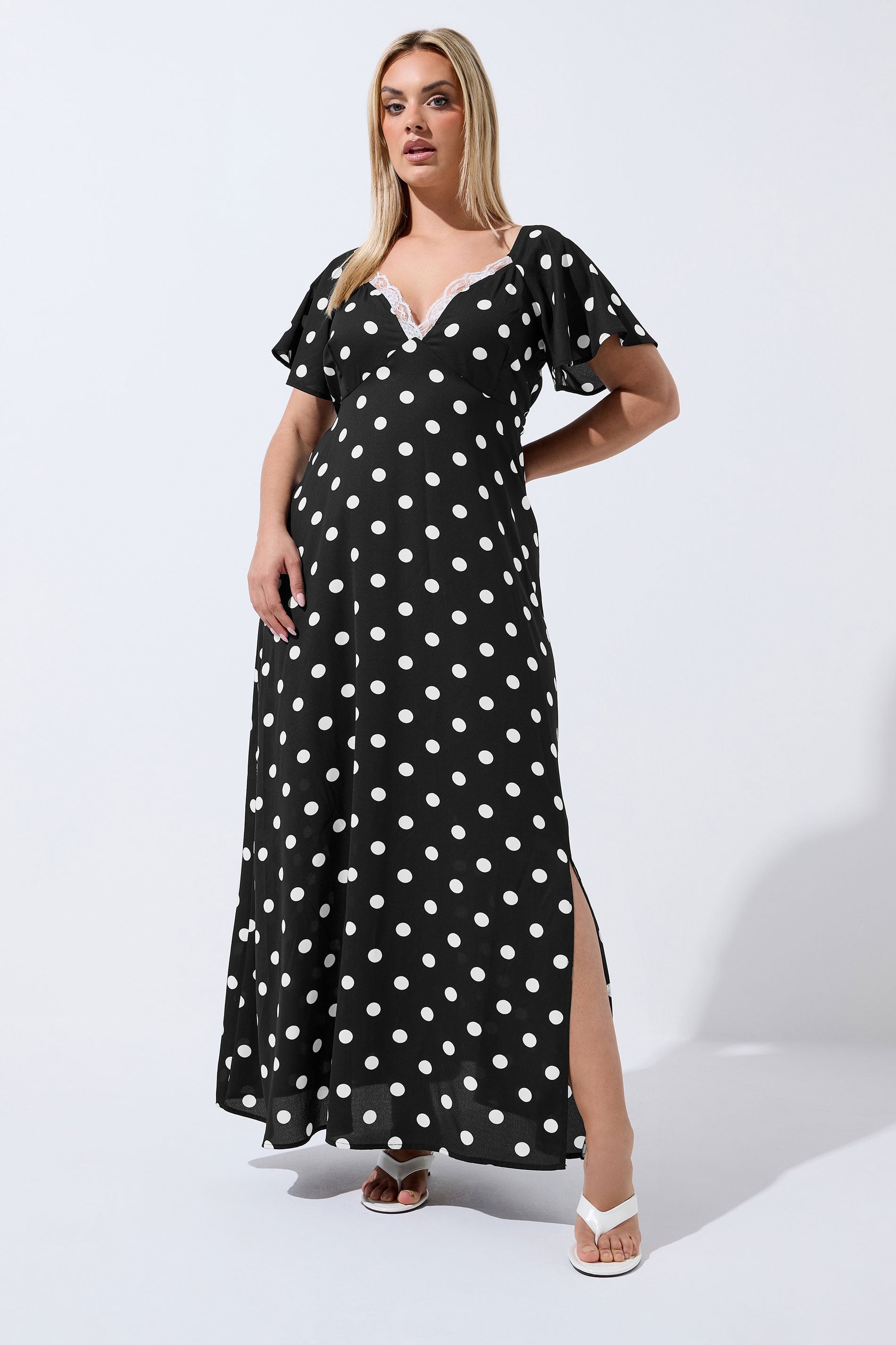 LIMITED COLLECTION Plus Size Black Polka Dot Lace Trim Maxi Dress | Yours Clothing 1