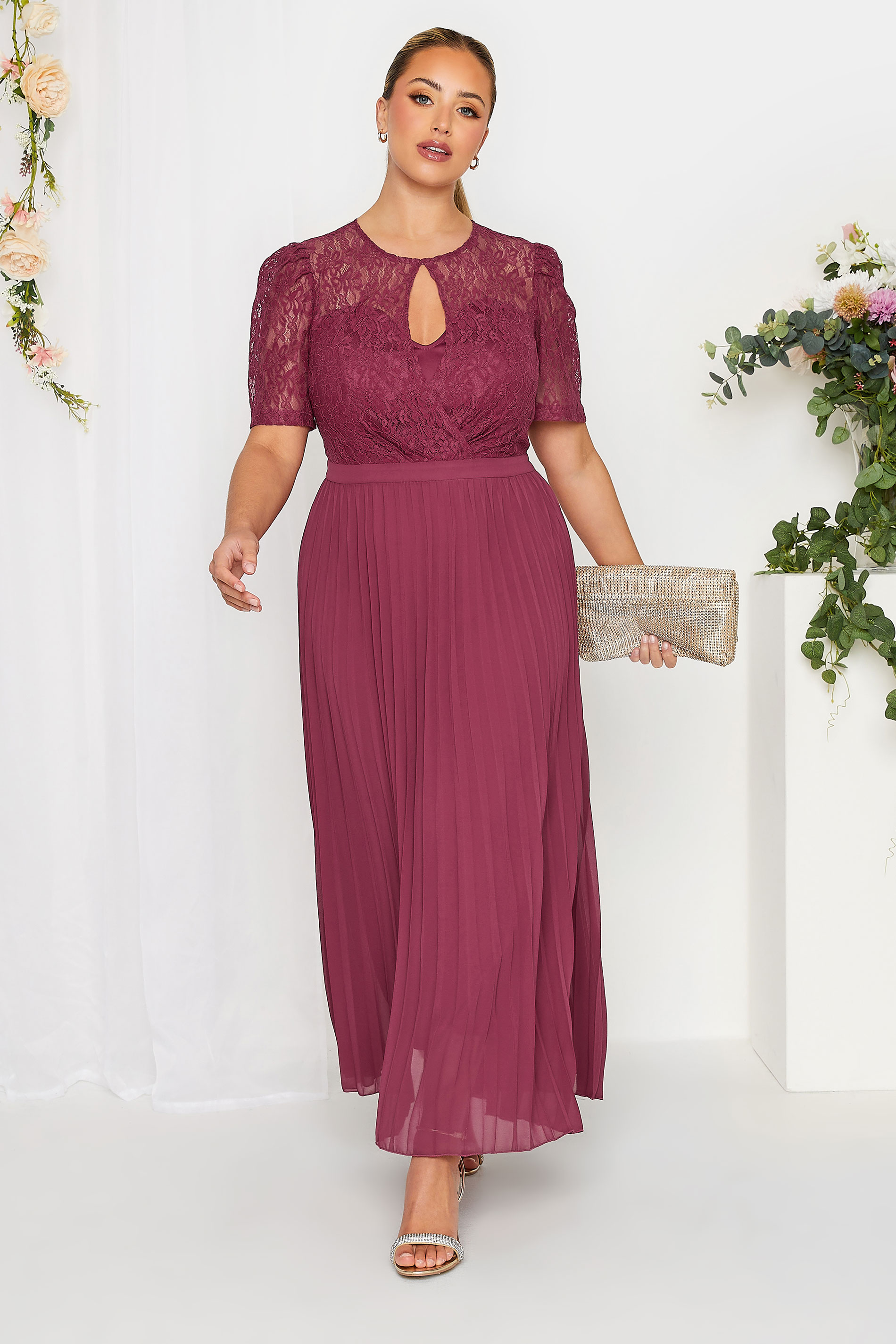YOURS LONDON Plus Size Burgundy Red Lace Puff Sleeve Pleated Maxi Dress | Yours Clothing 2