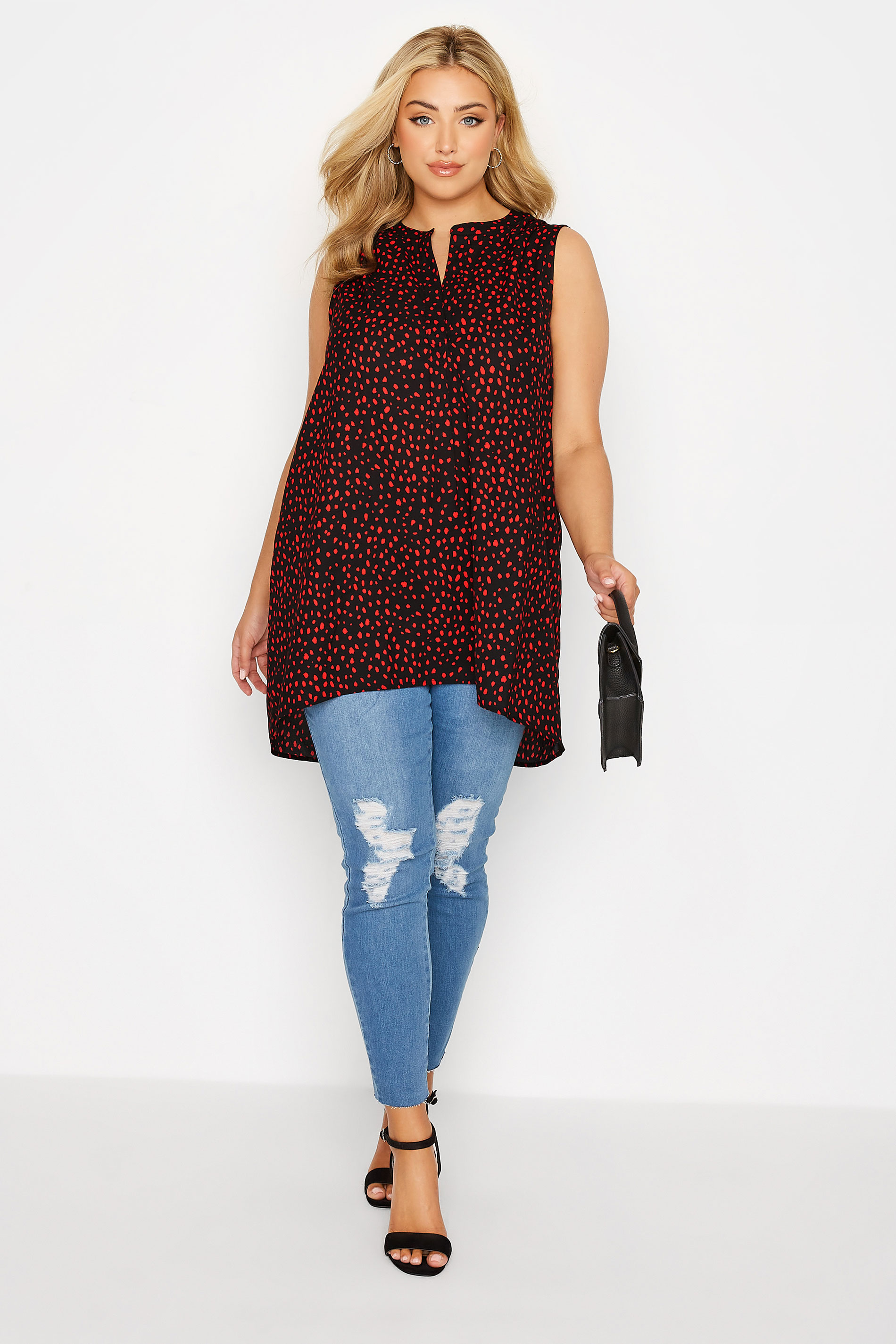 Plus Size Black & Red Dalmatian Pleat Detail Top | Yours Clothing 2