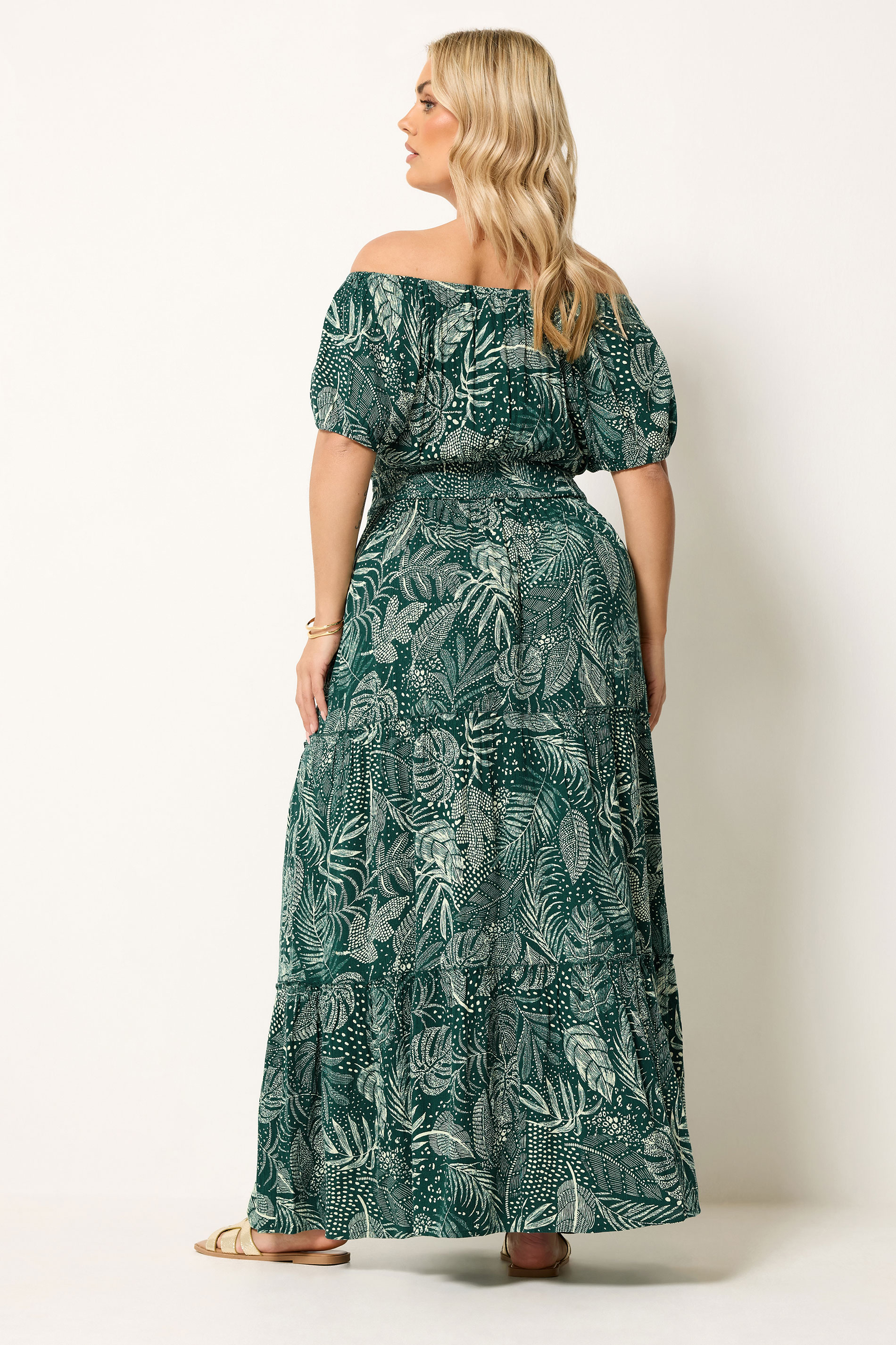 YOURS Plus Size Green Leaf Tie Neck Bardot Maxi Dress | Yours Clothing 4