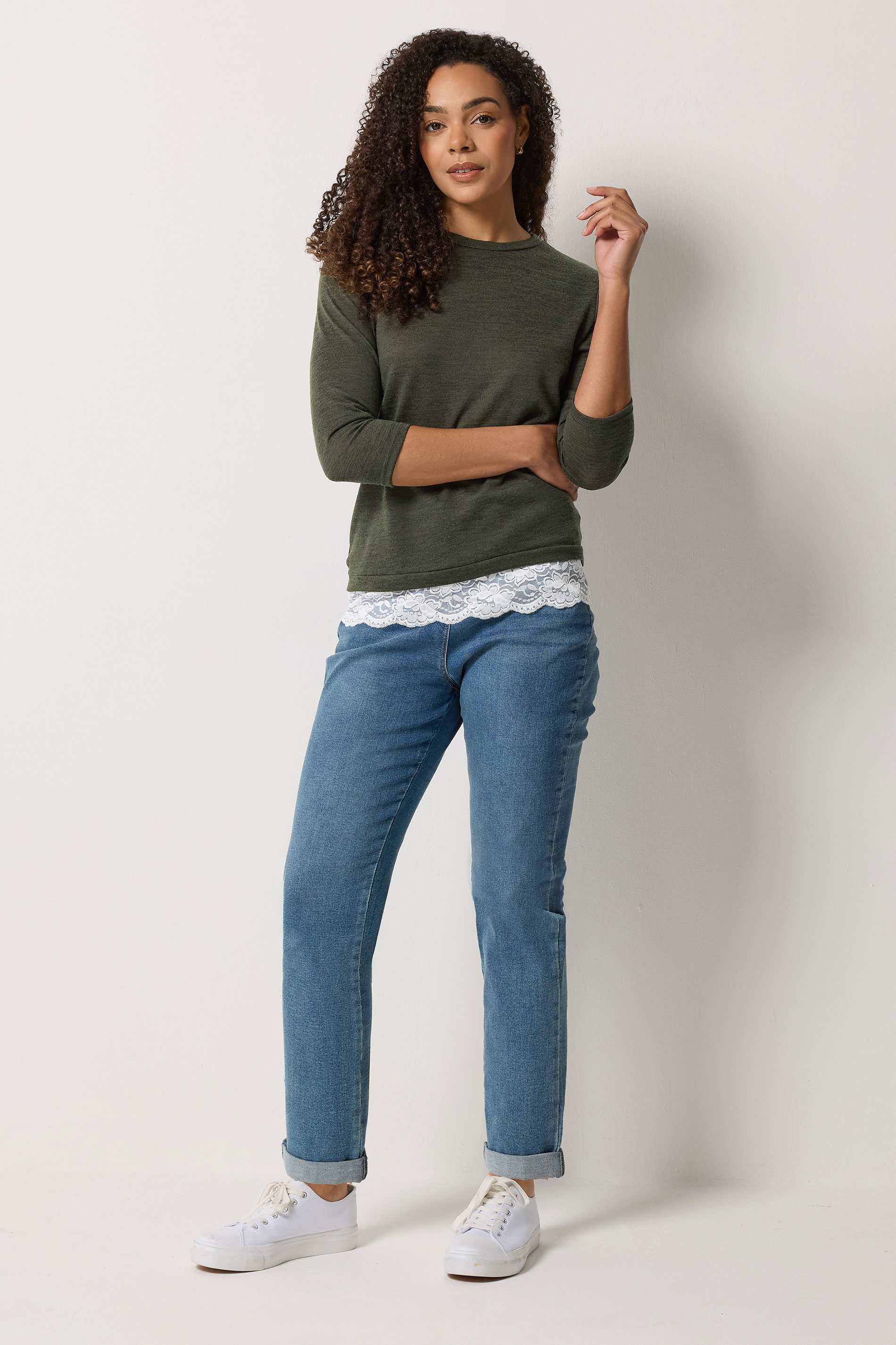 M&Co Khaki Green Lace Hem Top | M&Co 1