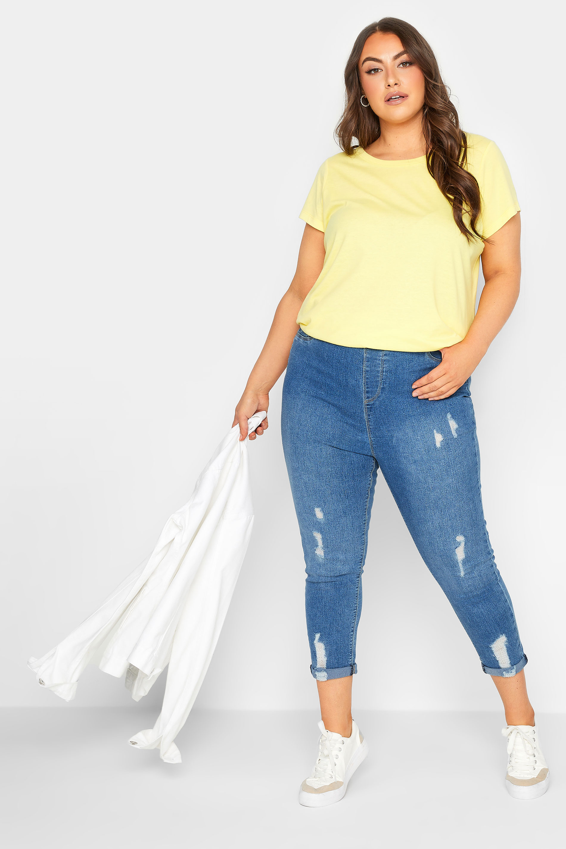 YOURS Plus Size Blue Cropped Stretch Ripped GRACE Jeggings | Yours Clothing 2