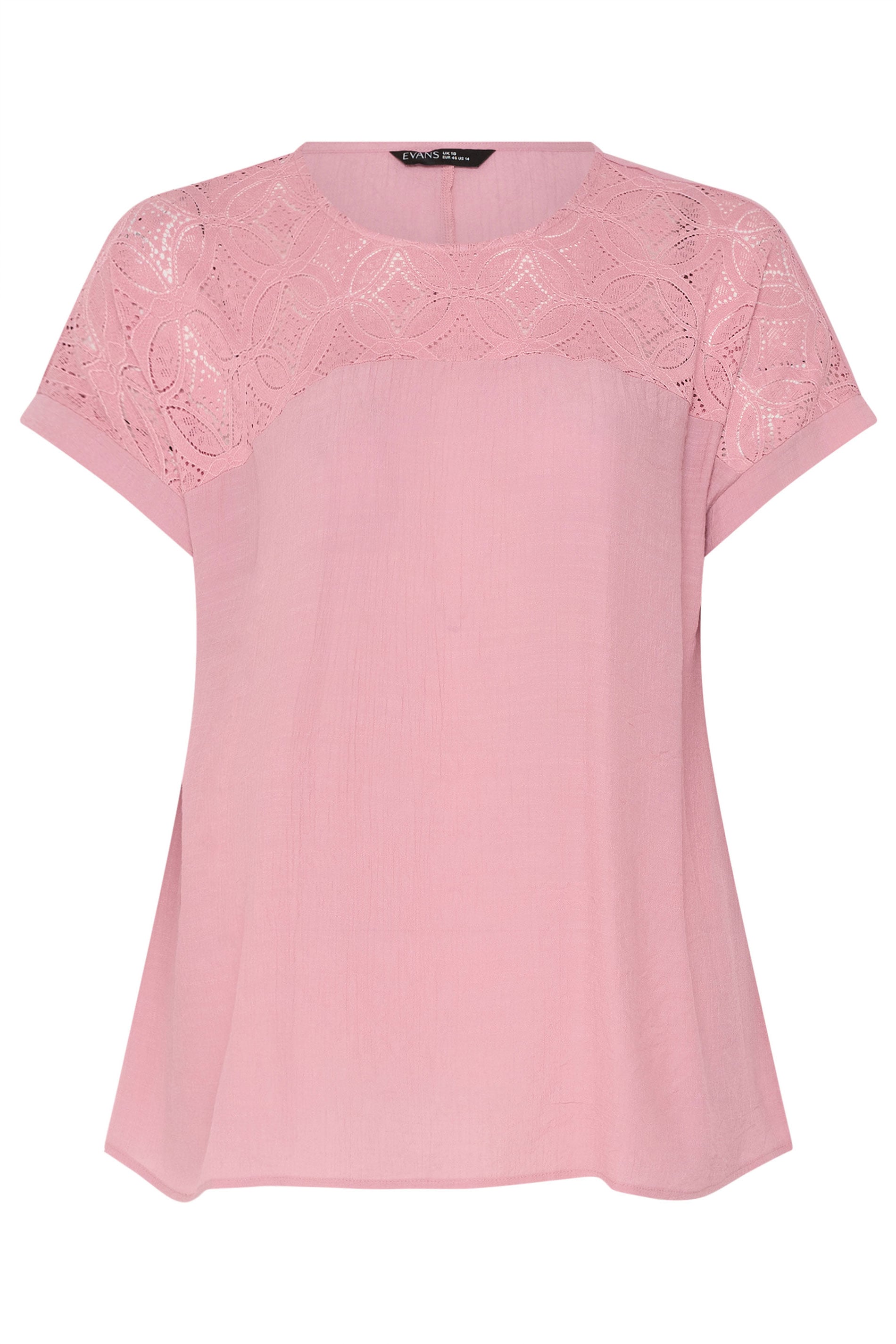 EVANS Plus Size Pink Lace Detail Short Sleeve Top | Evans  5