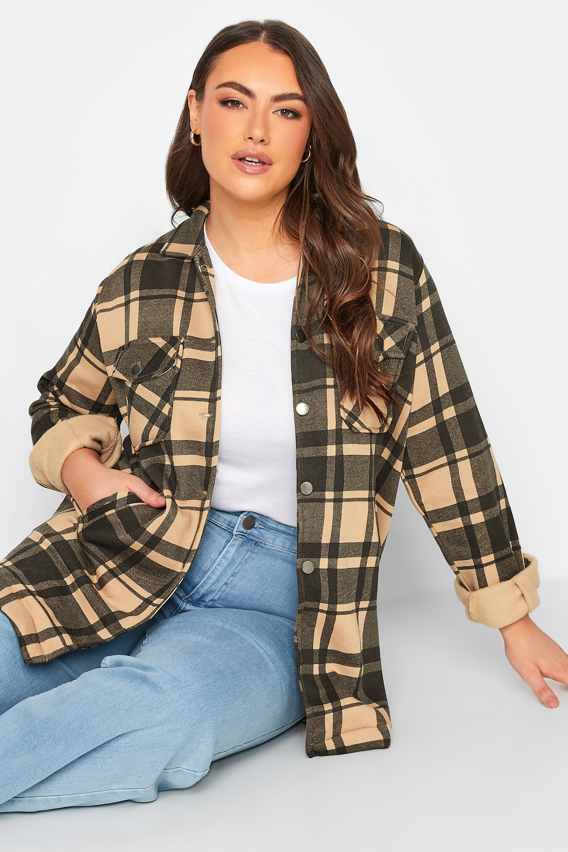 Curve Plus Size Beige Check Shacket | Yours Clothing