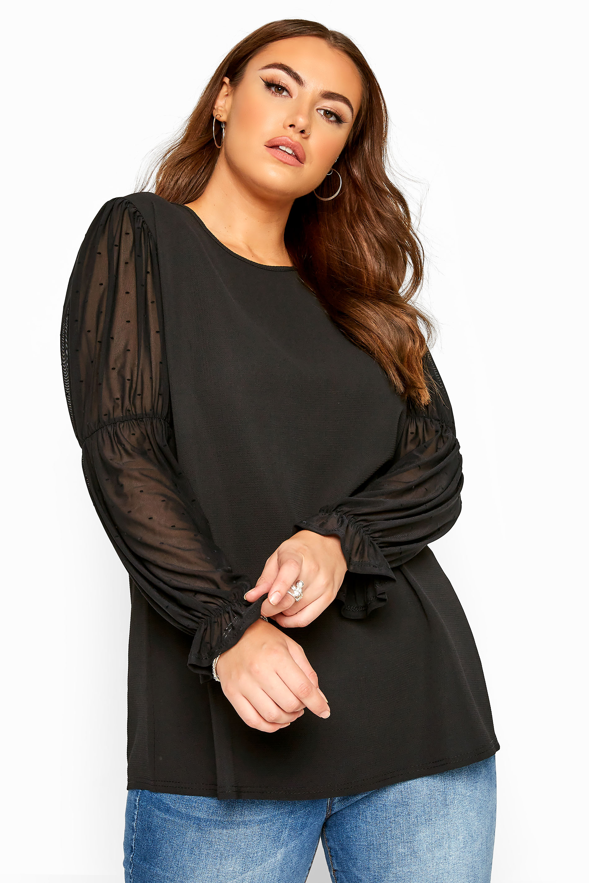  Blouse  Noire  Manches  Filet Bouffantes  Grande taille 44 