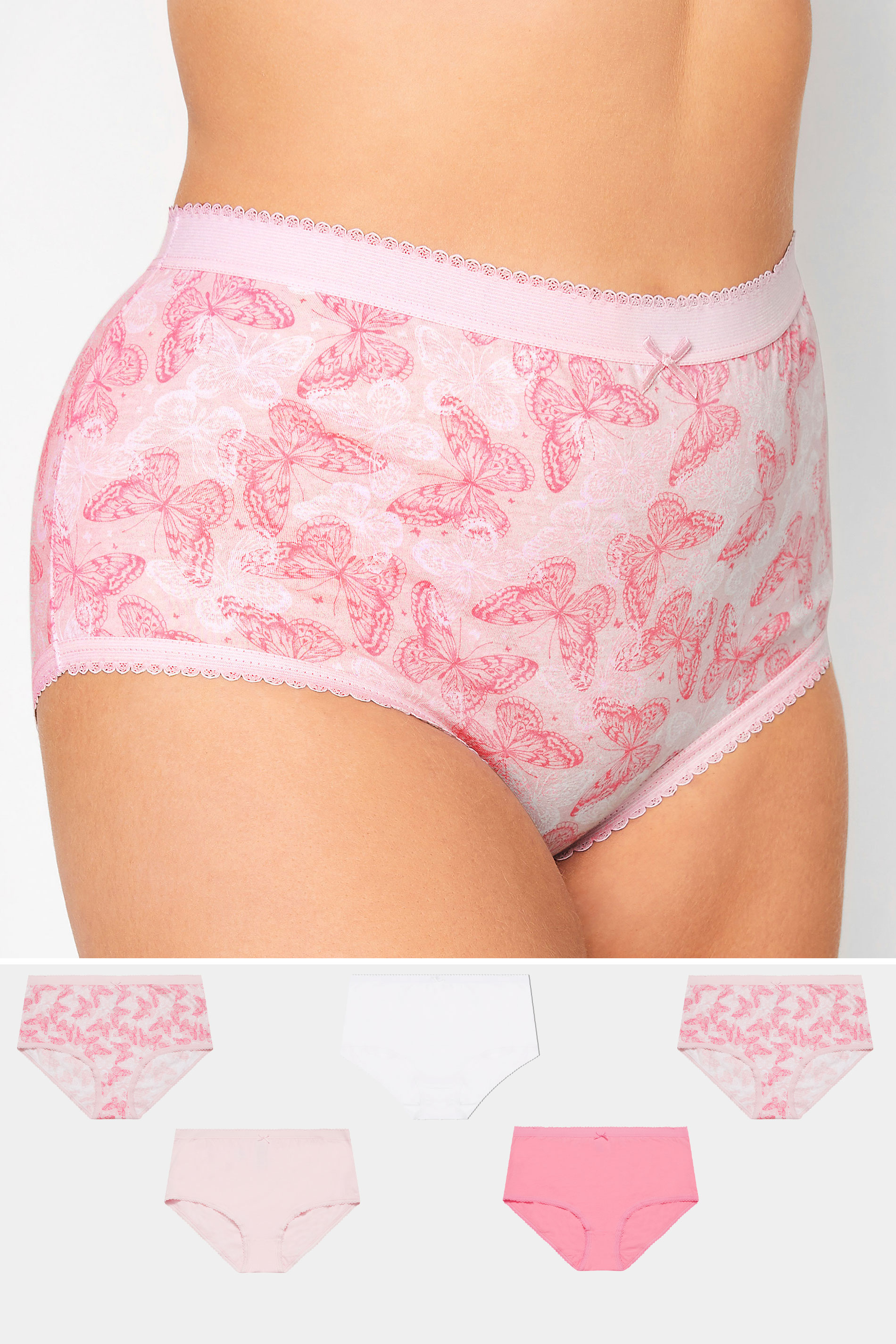 Plus Size 5 PACK Light Pink Butterfly Print Full Briefs | Yours Clothing  1