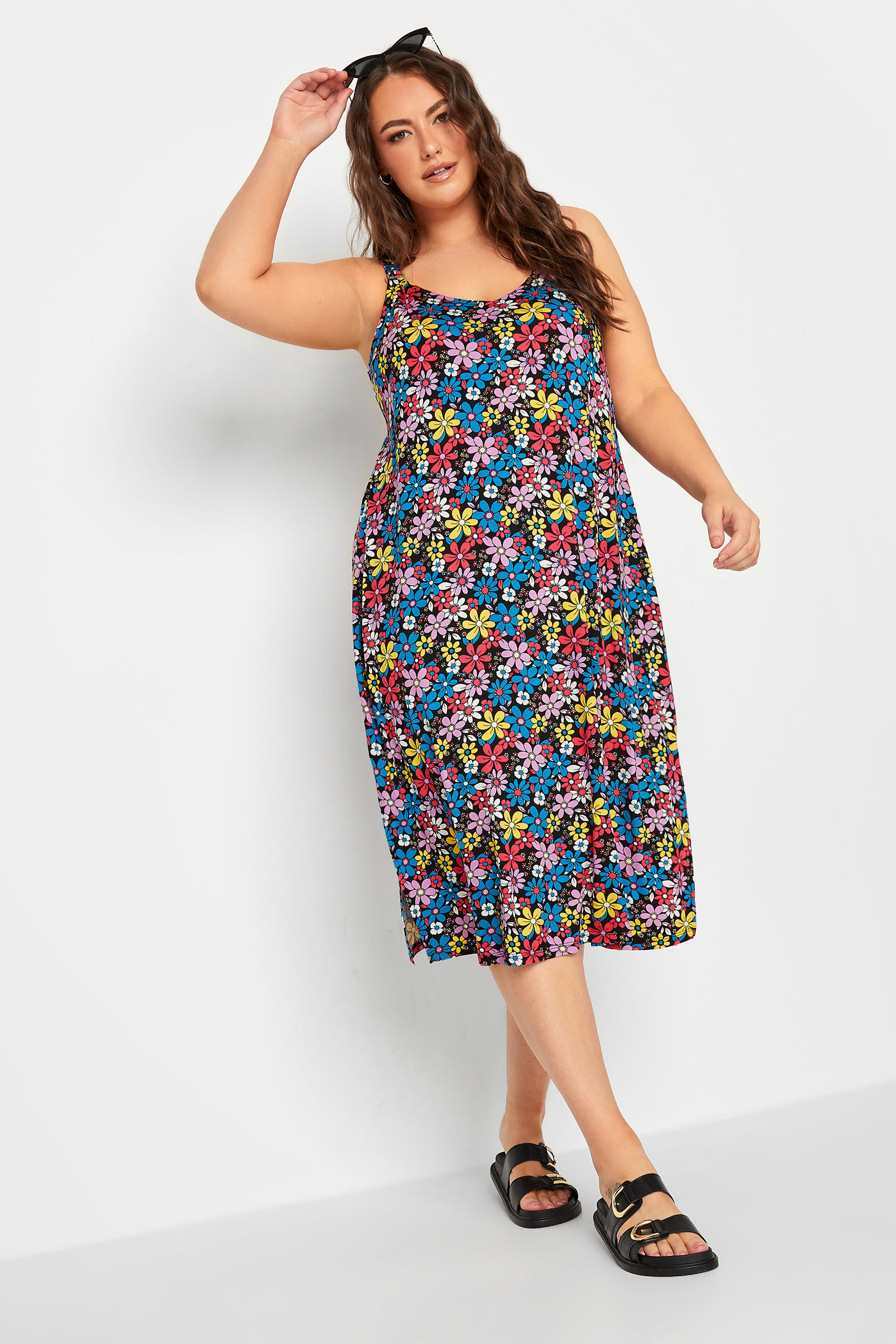 YOURS Curve Black Ditsy Floral Print Beach Dress | Yours Clothing 2