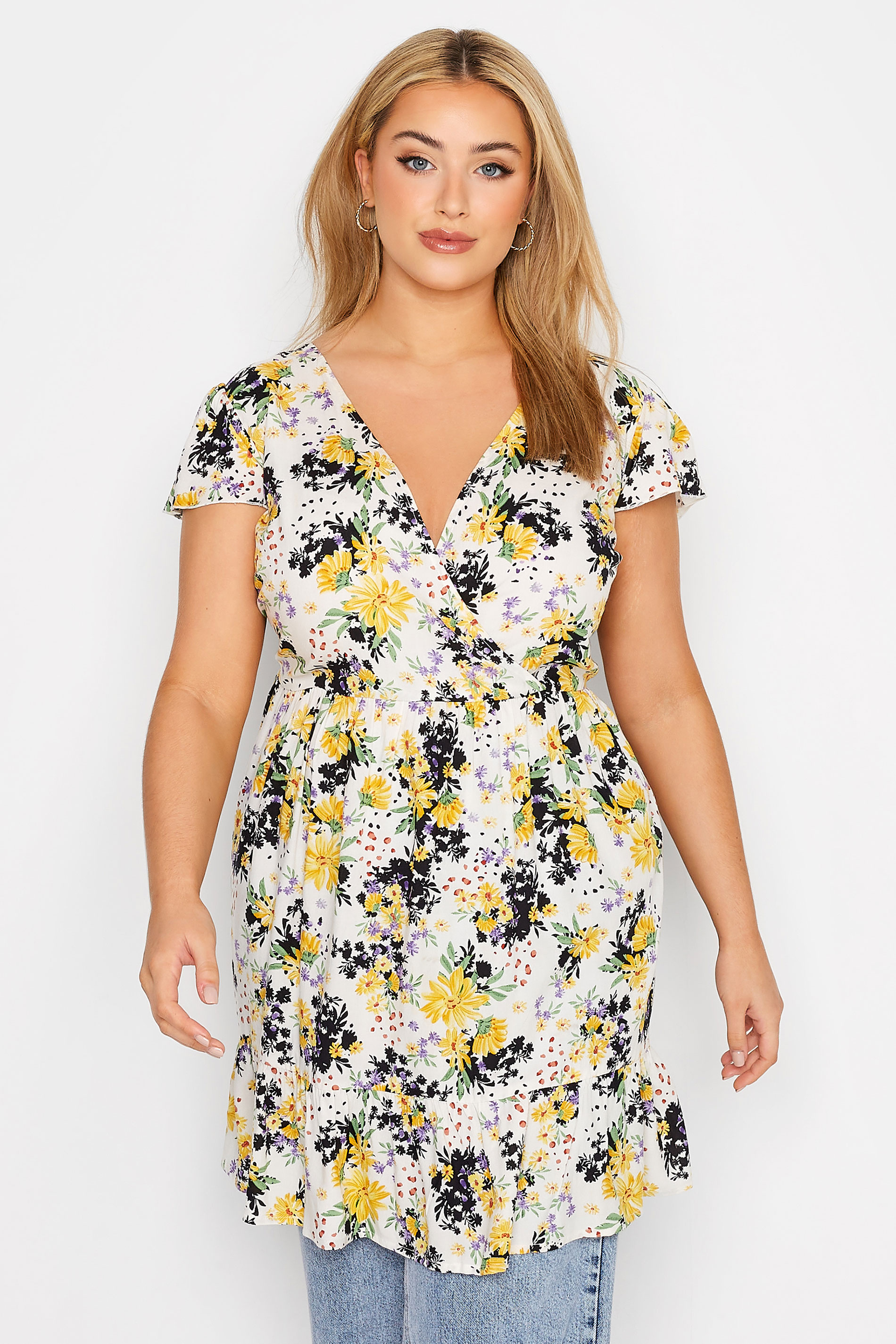 Plus Size White Floral Print Frill Wrap Tunic Top | Yours Clothing 1