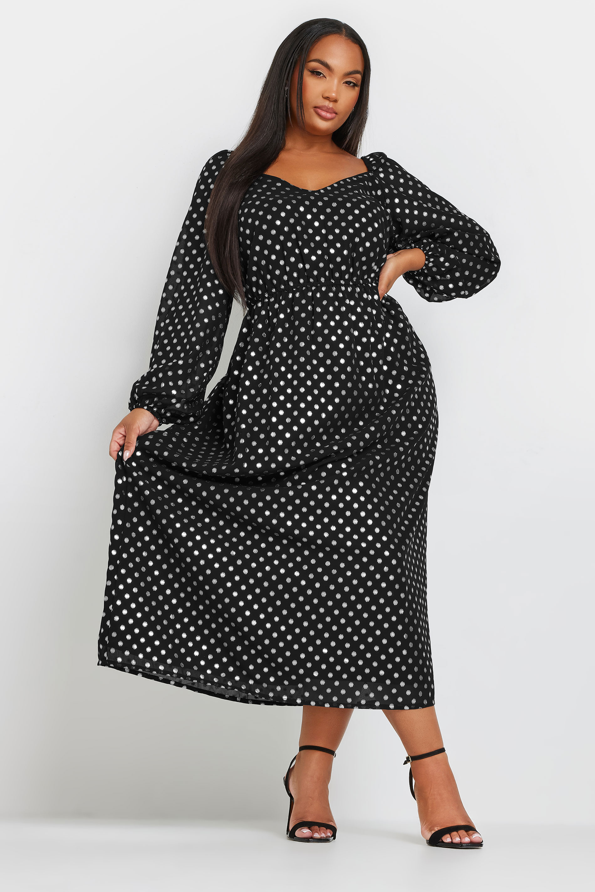 Yours Clothing Plus Size Womens Black Silver Spot Chiffon Maxi Dress - Size 30-32 - Plus Size Dresses