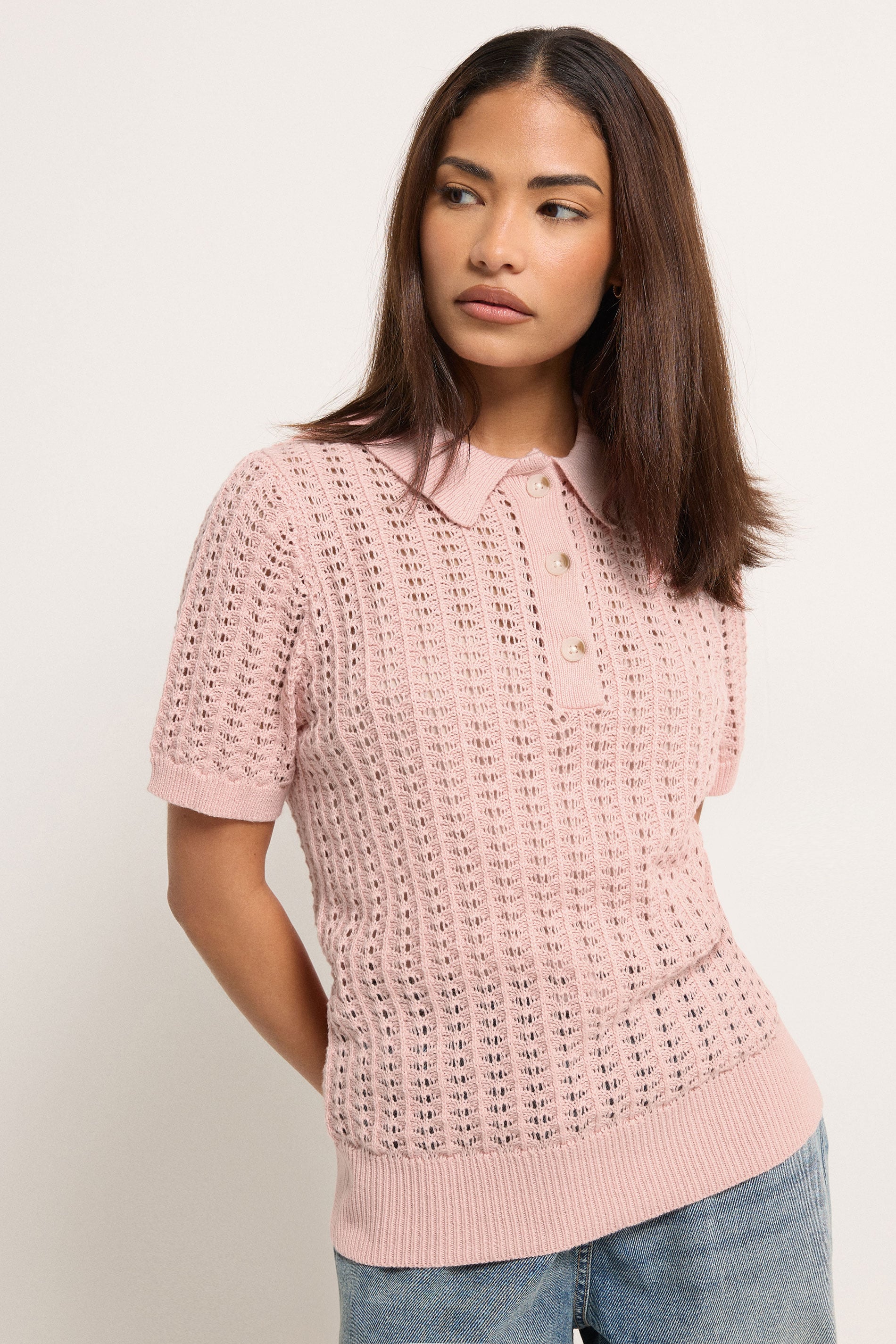 PixieGirl Petite Women's Pink Crochet Polo Top | PixieGirl 1