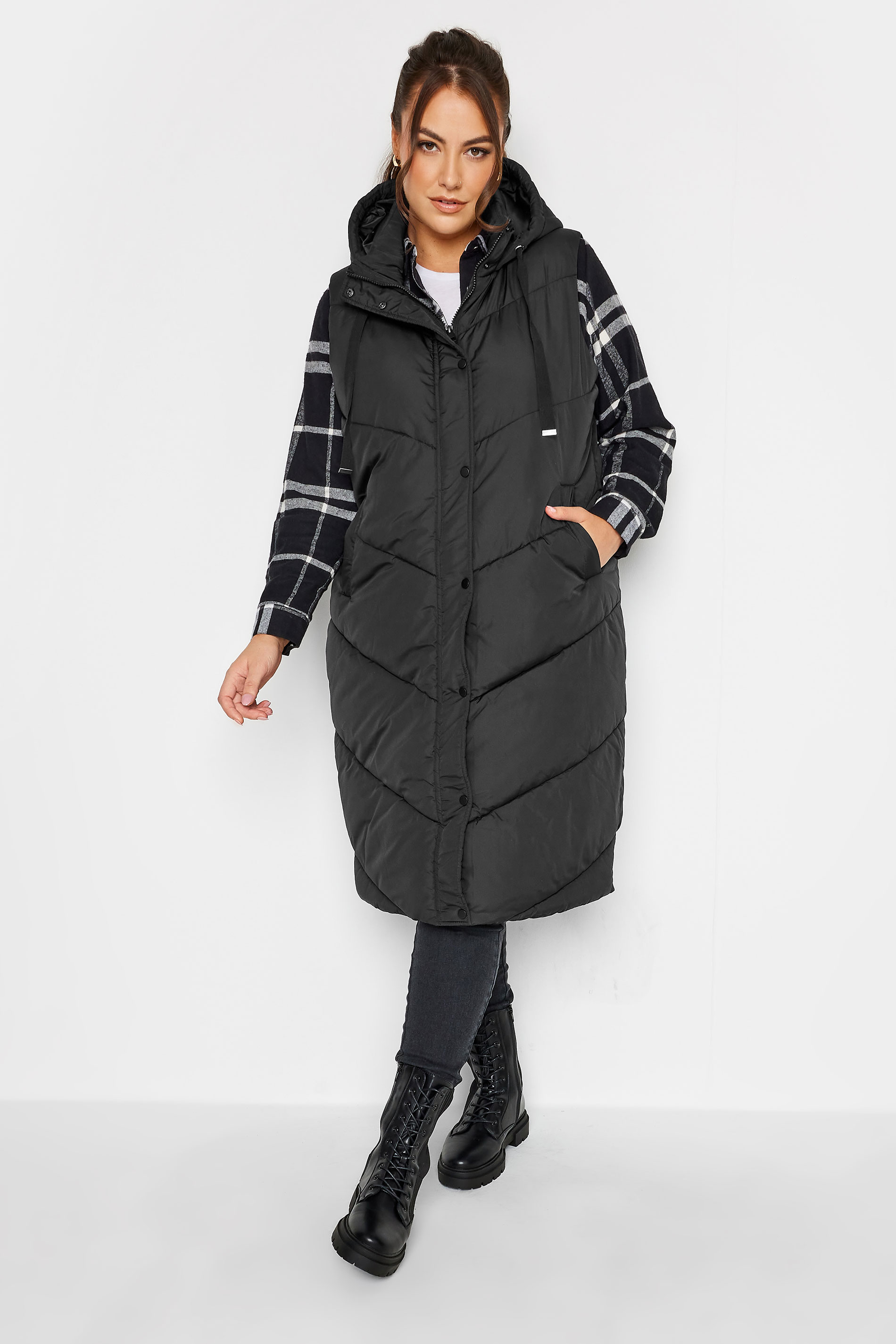 YOURS Curve Black Quilted Longline Hooded Gilet | Yours Clothing 2
