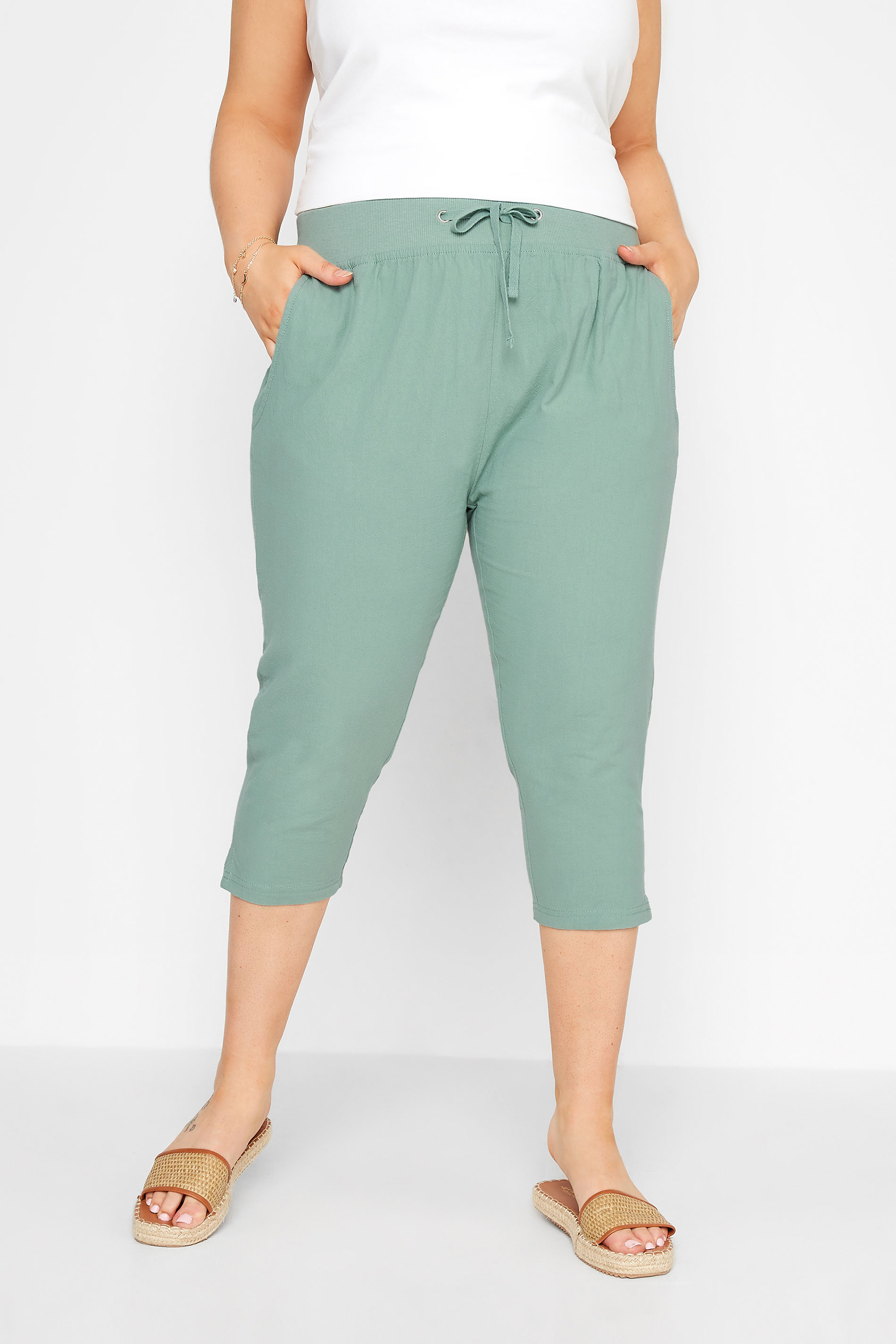 Curve Sage Green Cool Cotton Cropped Trousers Size 14-36 1
