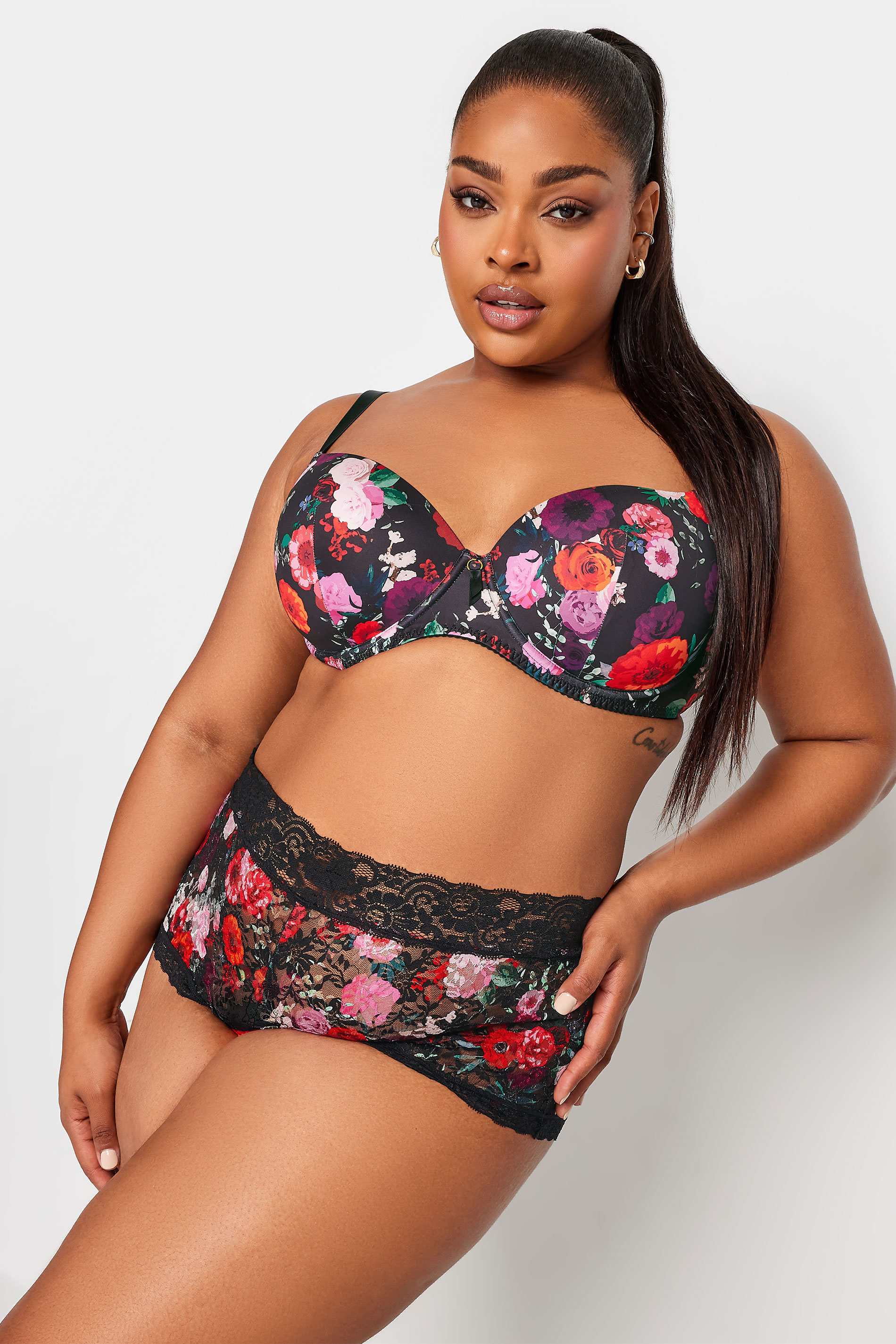 YOURS 3 PACK Plus Size Black Floral Print Lace Full Briefs | Yours Clothing 3
