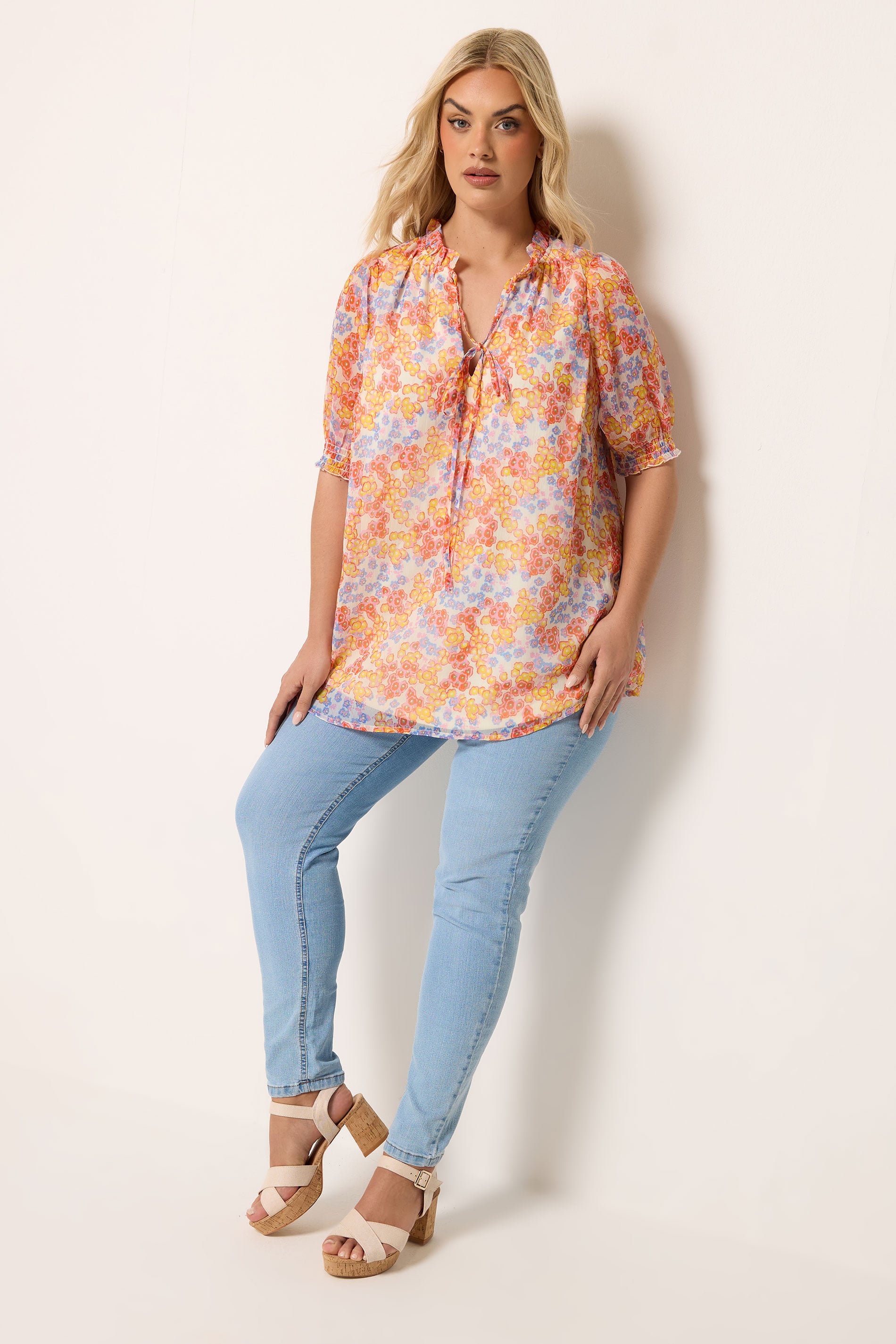 YOURS Plus Size White Floral Frill Neck Blouse | Yours Clothing 2