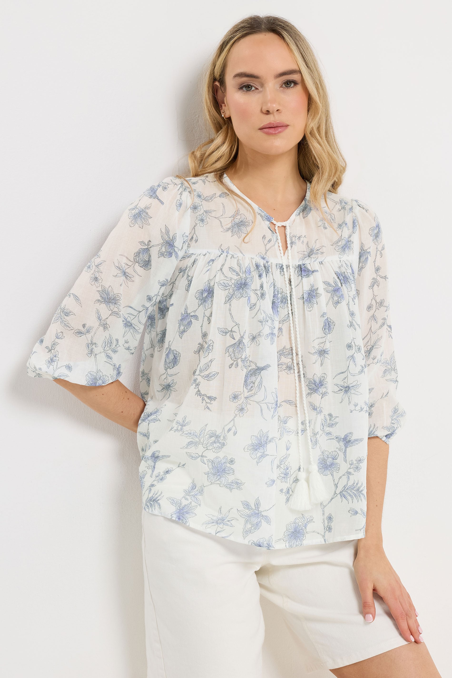 LTS Tall Women's Blue & White Floral Tassel Tie Cotton Blouse | Long Tall Sally 3
