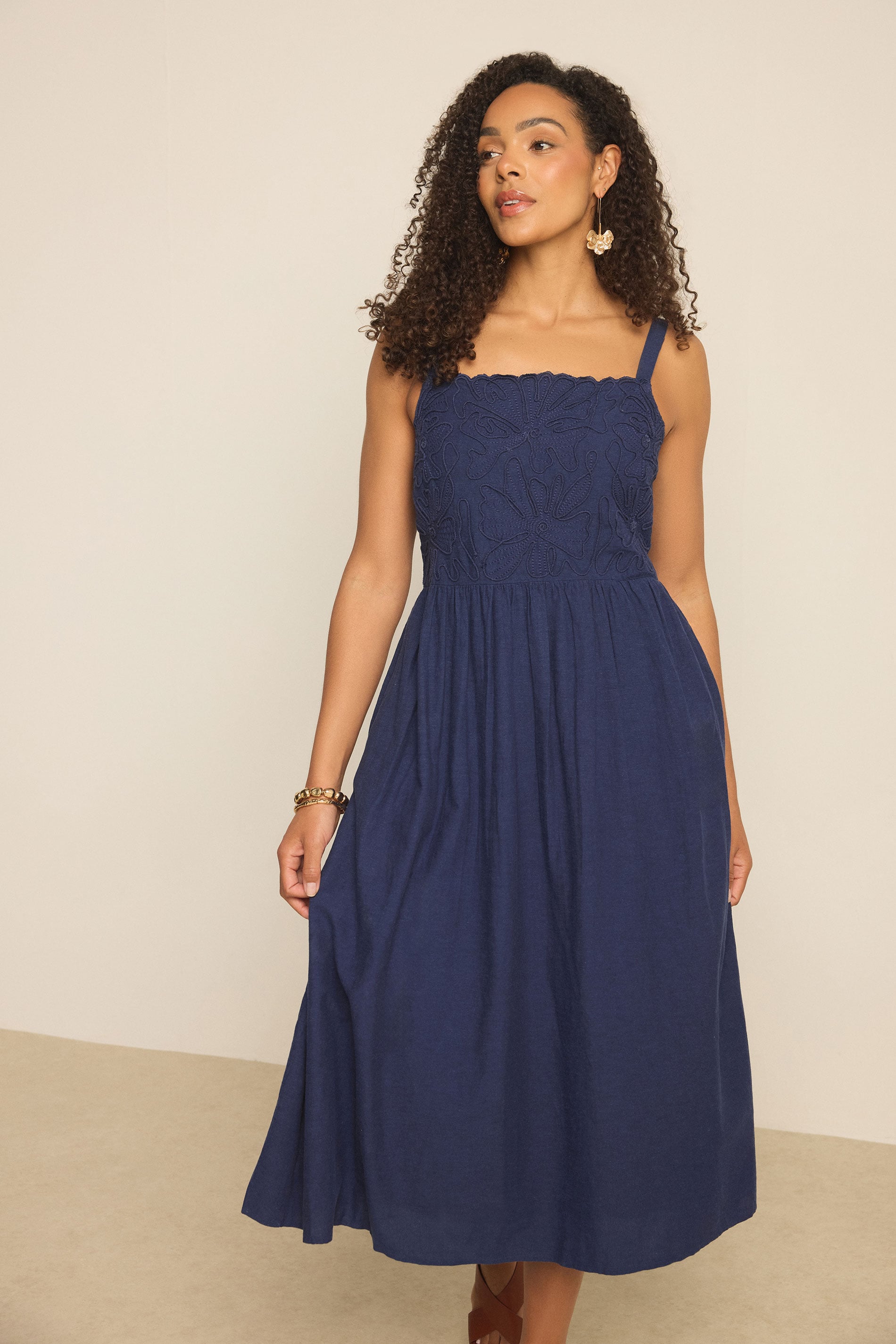 M&Co Navy Blue Linen Embroidered Trim Maxi Dress | M&Co 3