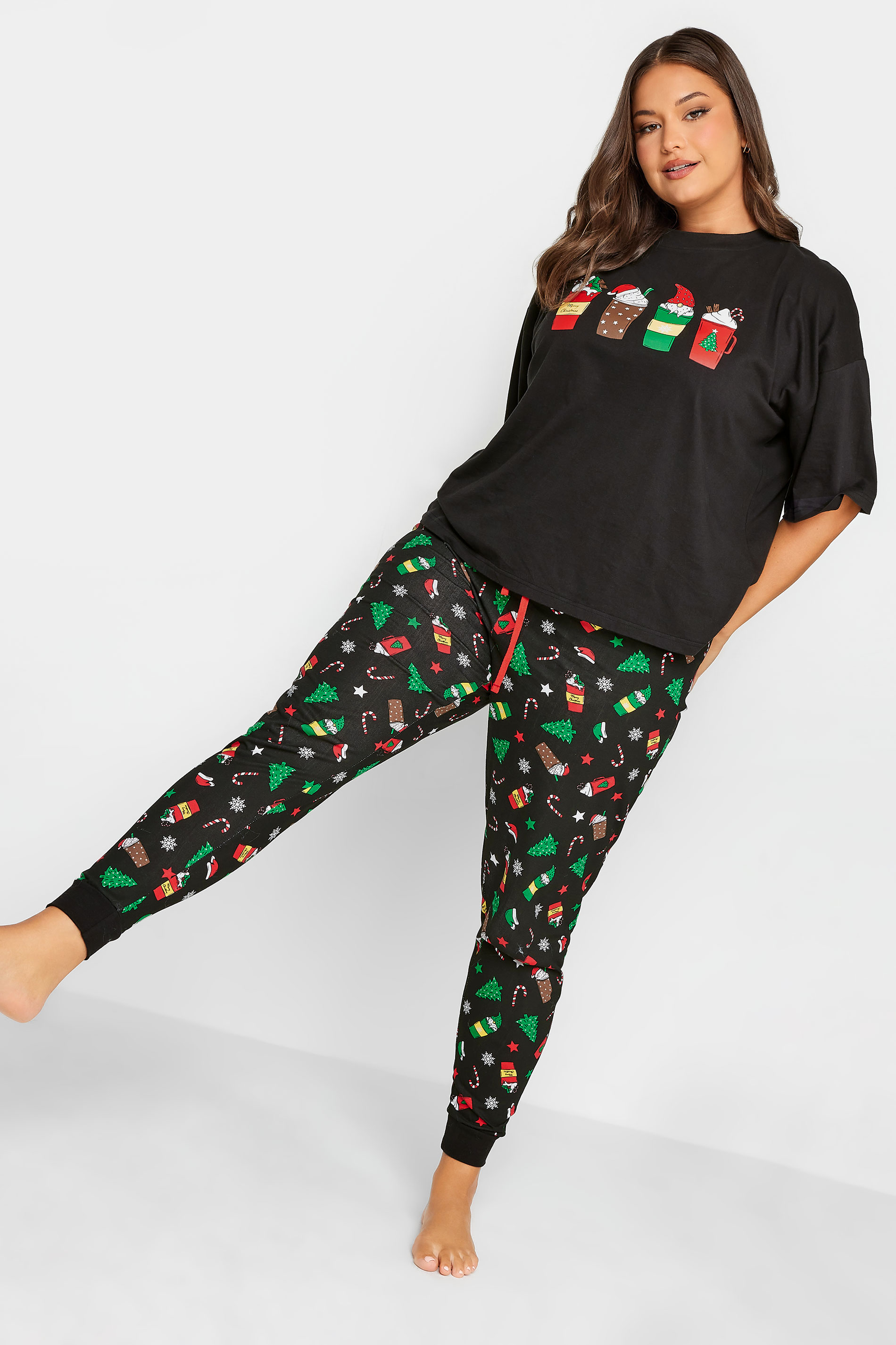 LIMITED COLLECTION Curve Plus Size Black Christmas Drink Print Pyjama Top | Yours Clothing  2