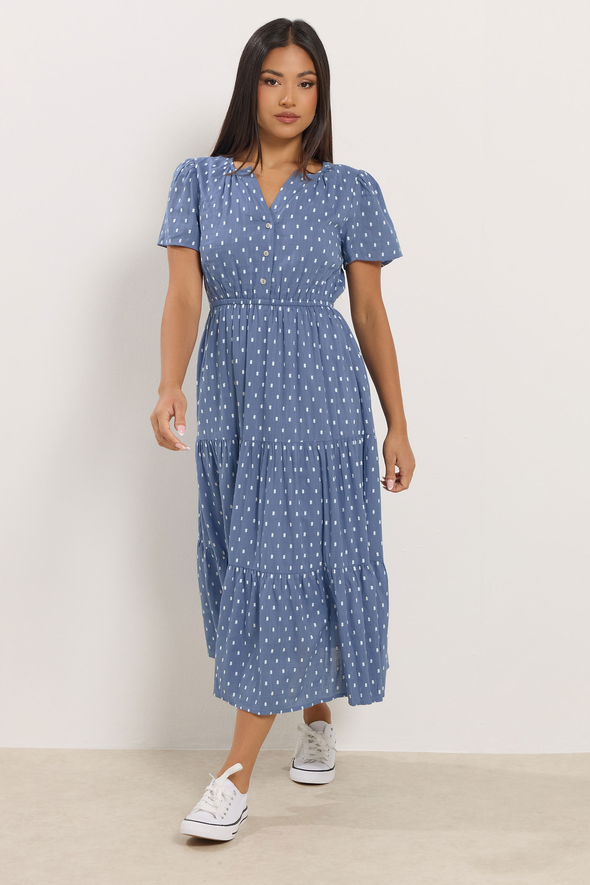 M&Co Petite Blue Dobby Tiered Maxi Dress | M&Co 3