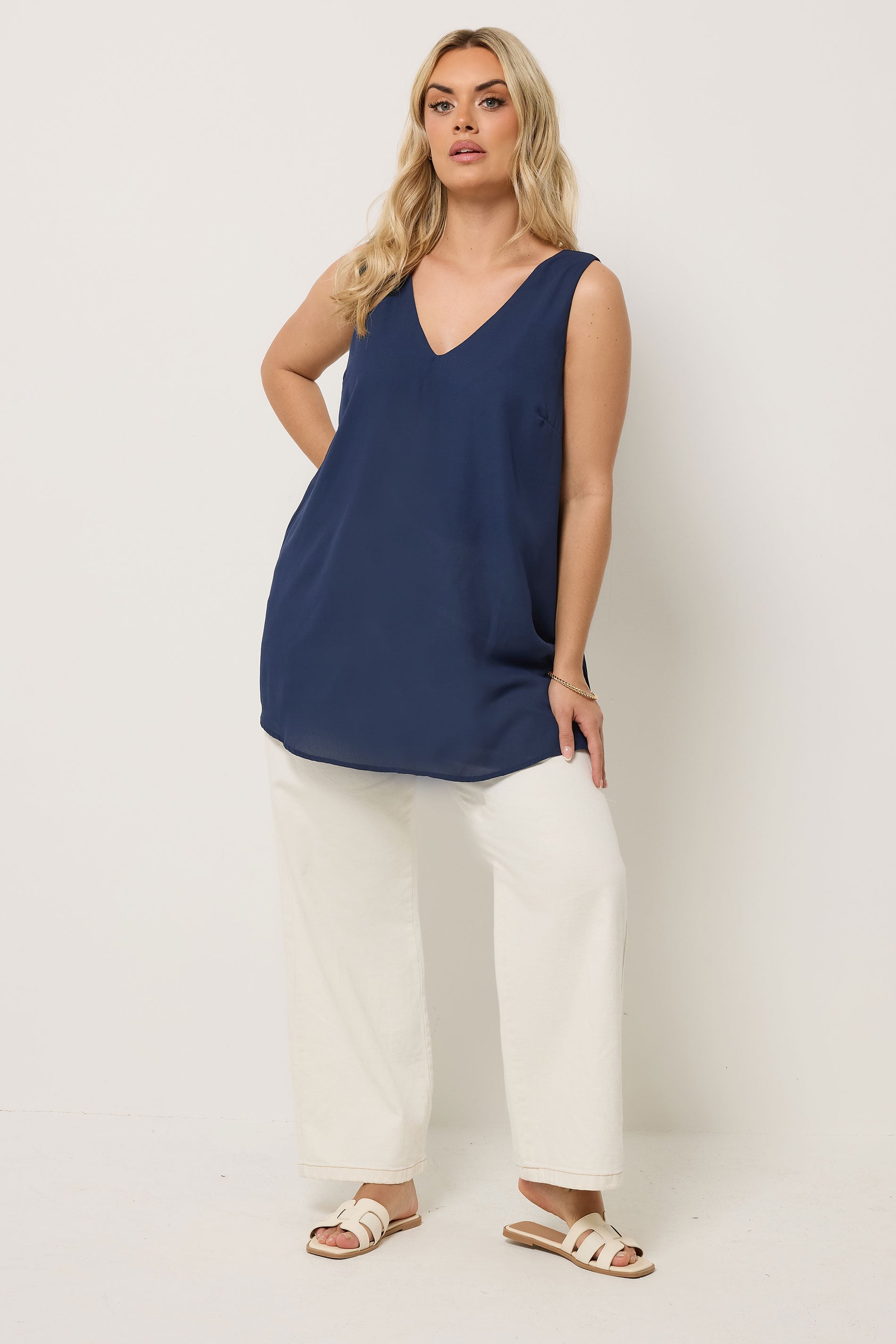 YOURS Plus Size Navy Blue V-Neck Vest Top | Yours Clothing 1